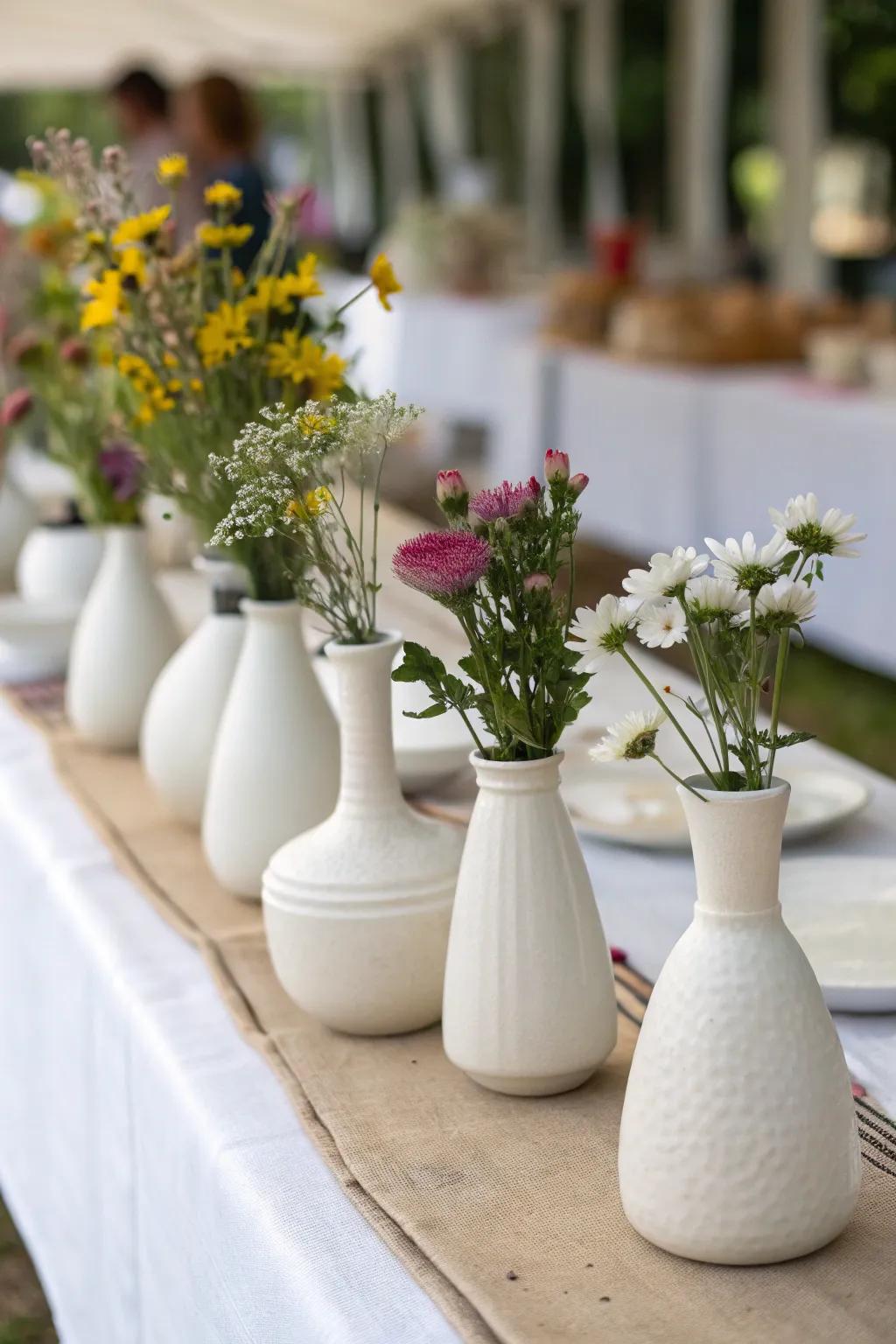Ivory fired clay containers give table decorations a modern touch.
