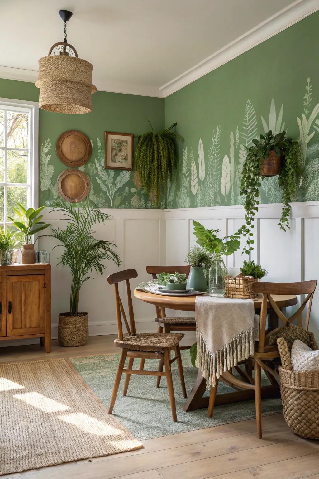 Verdant inspirations promote relaxation within the dining room.