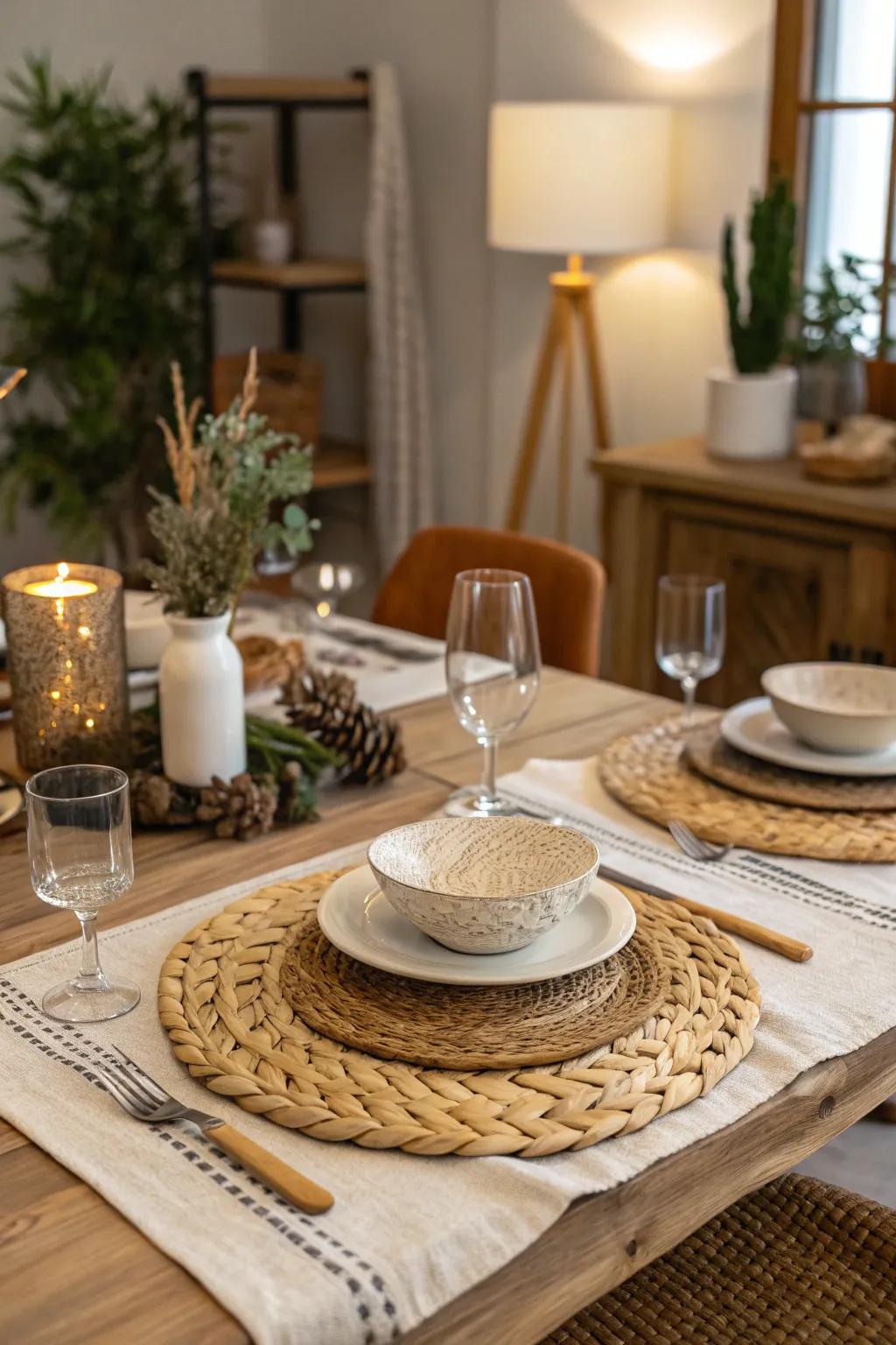 Country-style accents contribute coziness and personality to the table.