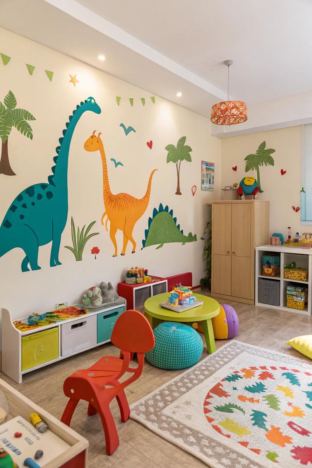 Dinosaur wall stickers vividly animate the prehistoric theme, bringing the room to life with charm and playful creativity.