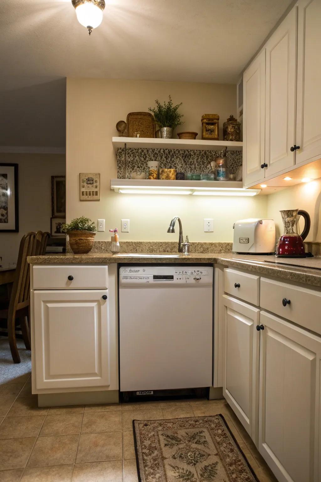 Strategically lit cooking area emphasizing the washing gadget.