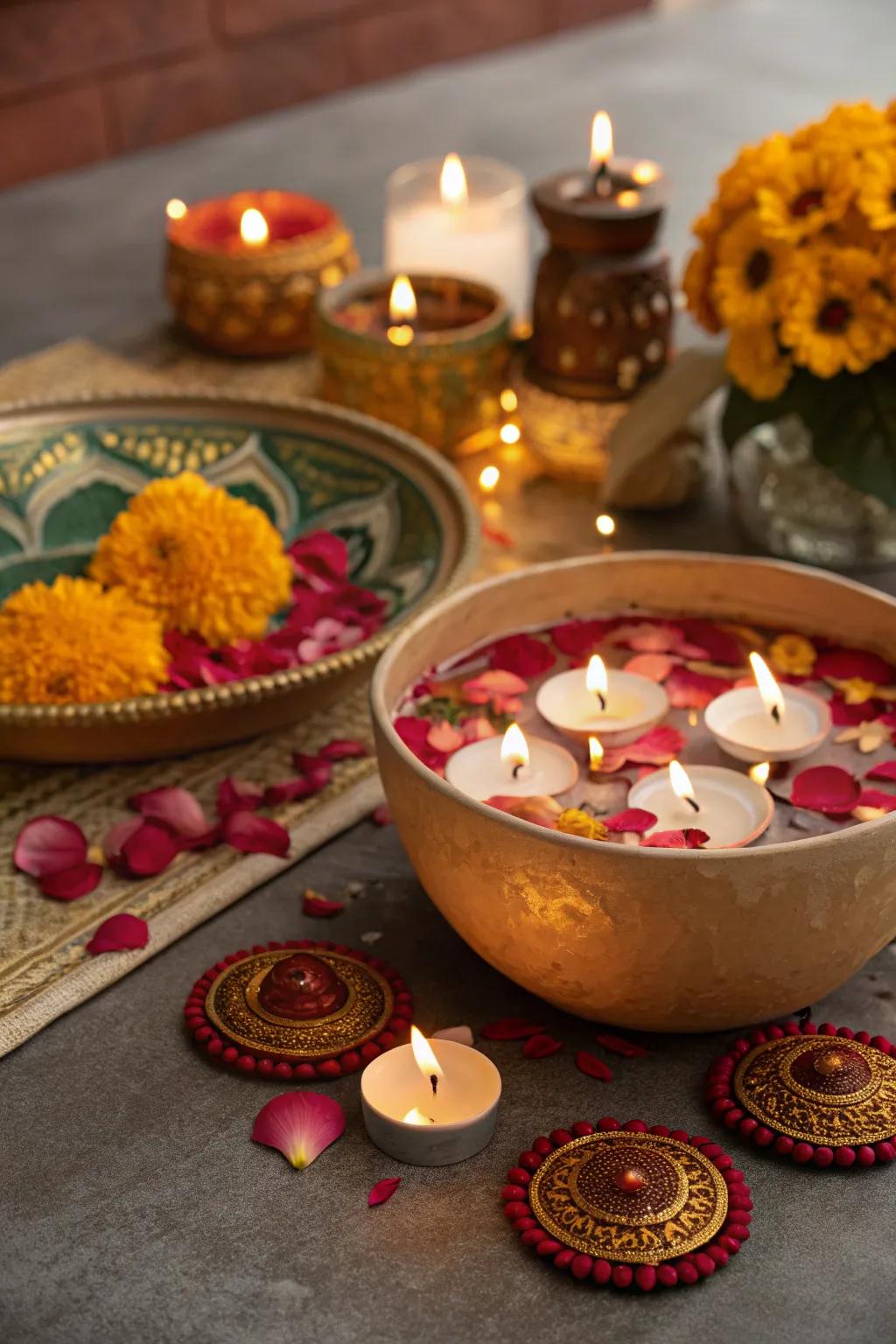 Floating candle bowls with petals fashion a mesmerizing effect on the Diwali table.