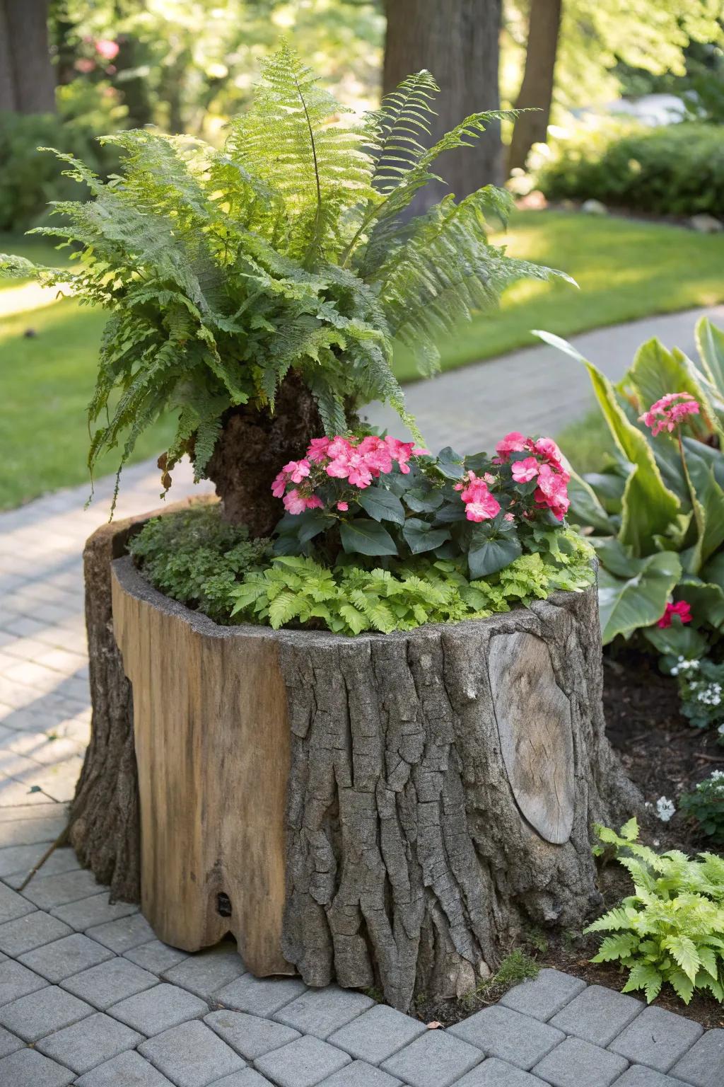 Change a tree base into a beautiful garden centerpiece with lush ferns and begonias.
