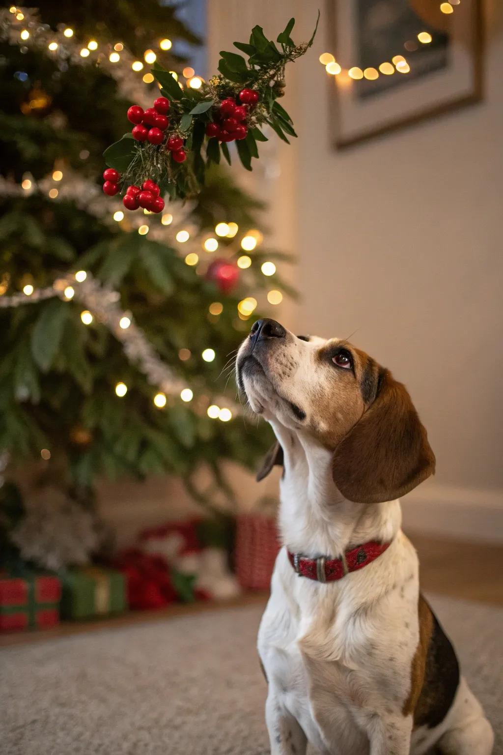 Waiting for a holiday kiss under the plant.