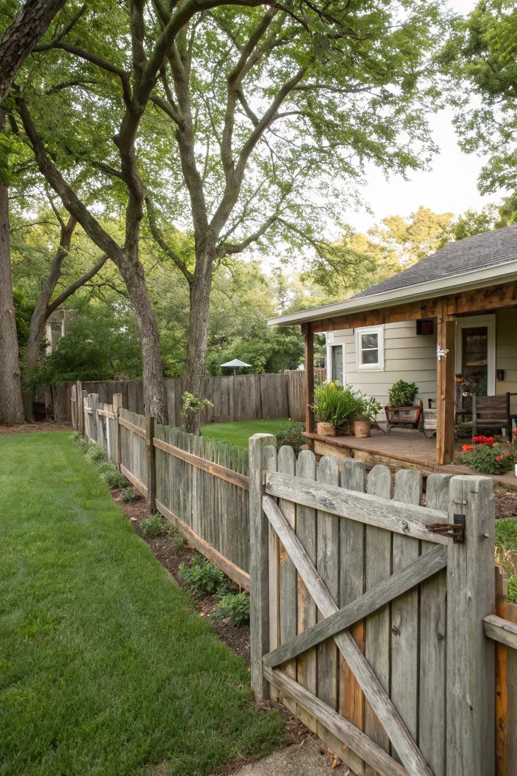 A rustic fence constructed from reclaimed lumber, merging sustainability with style.