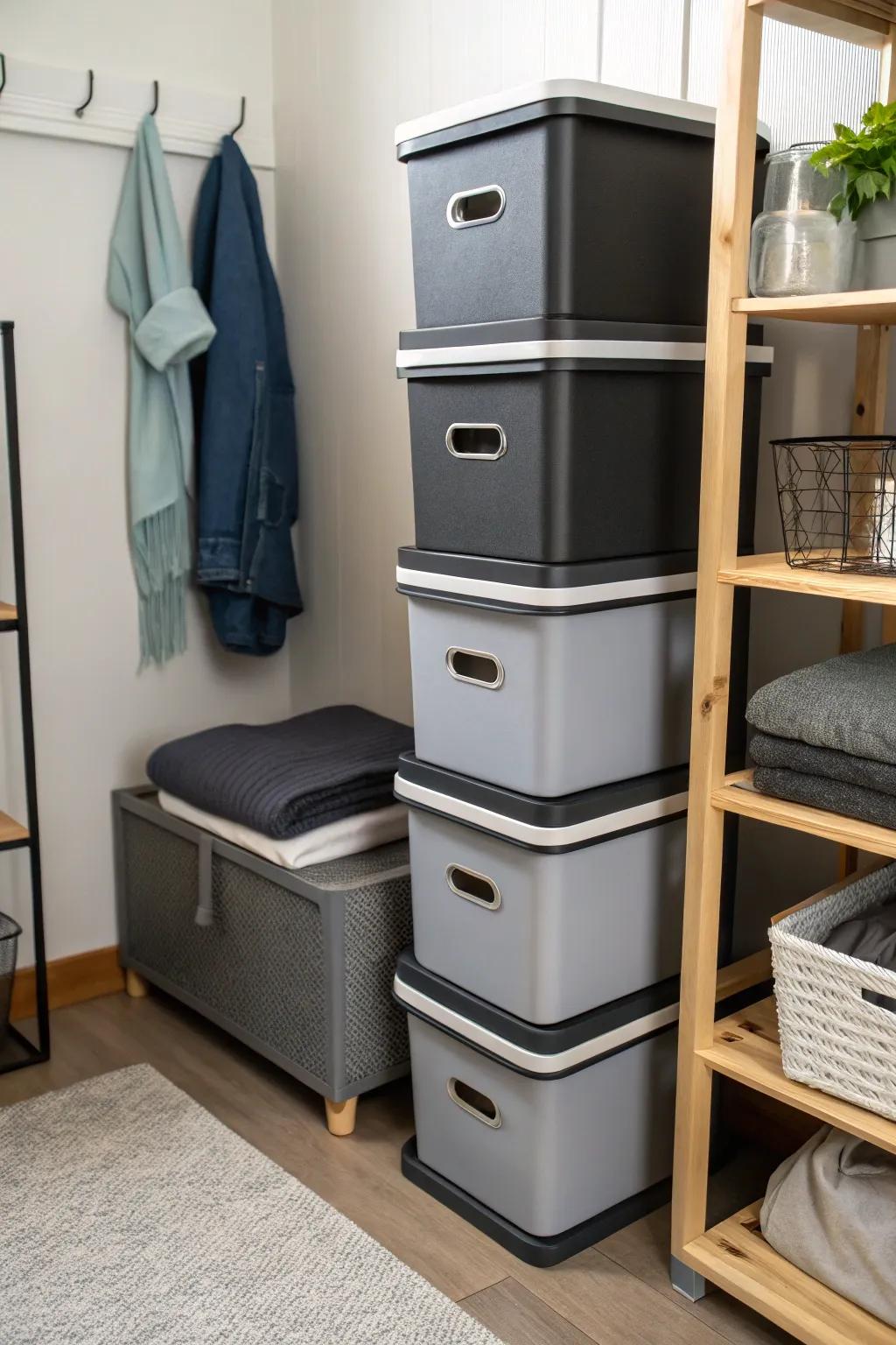 Stackable storage bins make the most of space in small living areas.