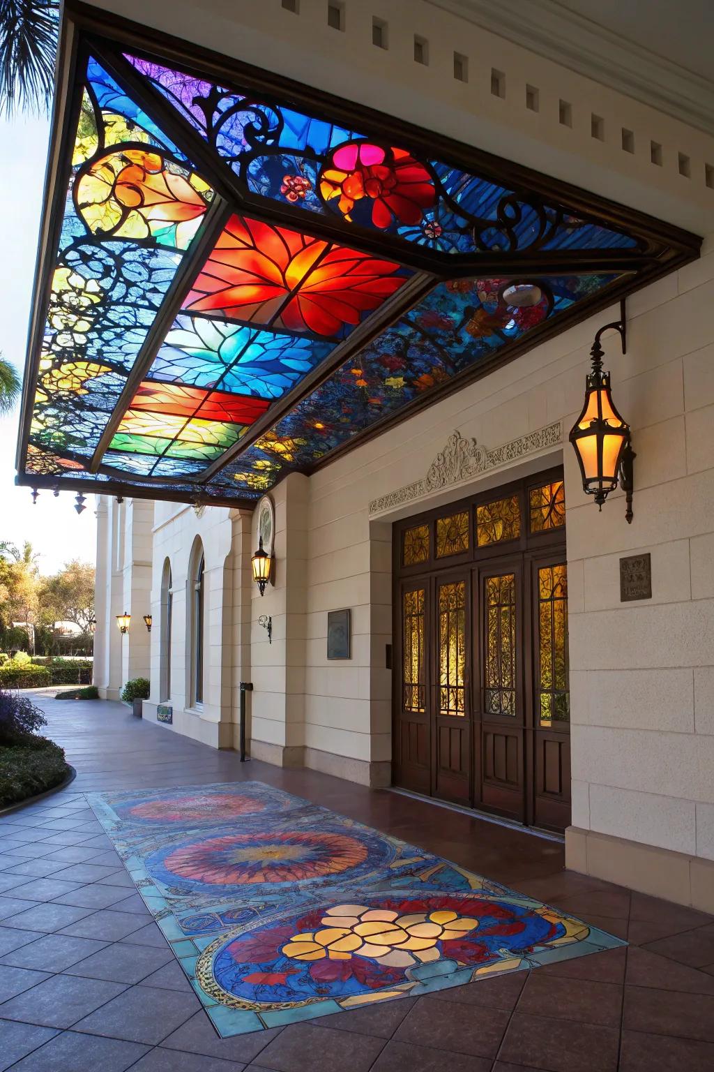 A painted glass awning creating a kaleidoscope of colors.