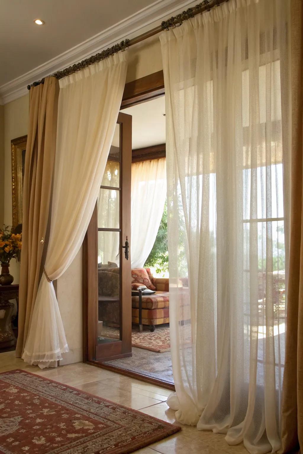 Layered curtains offer versatility and textural interest.