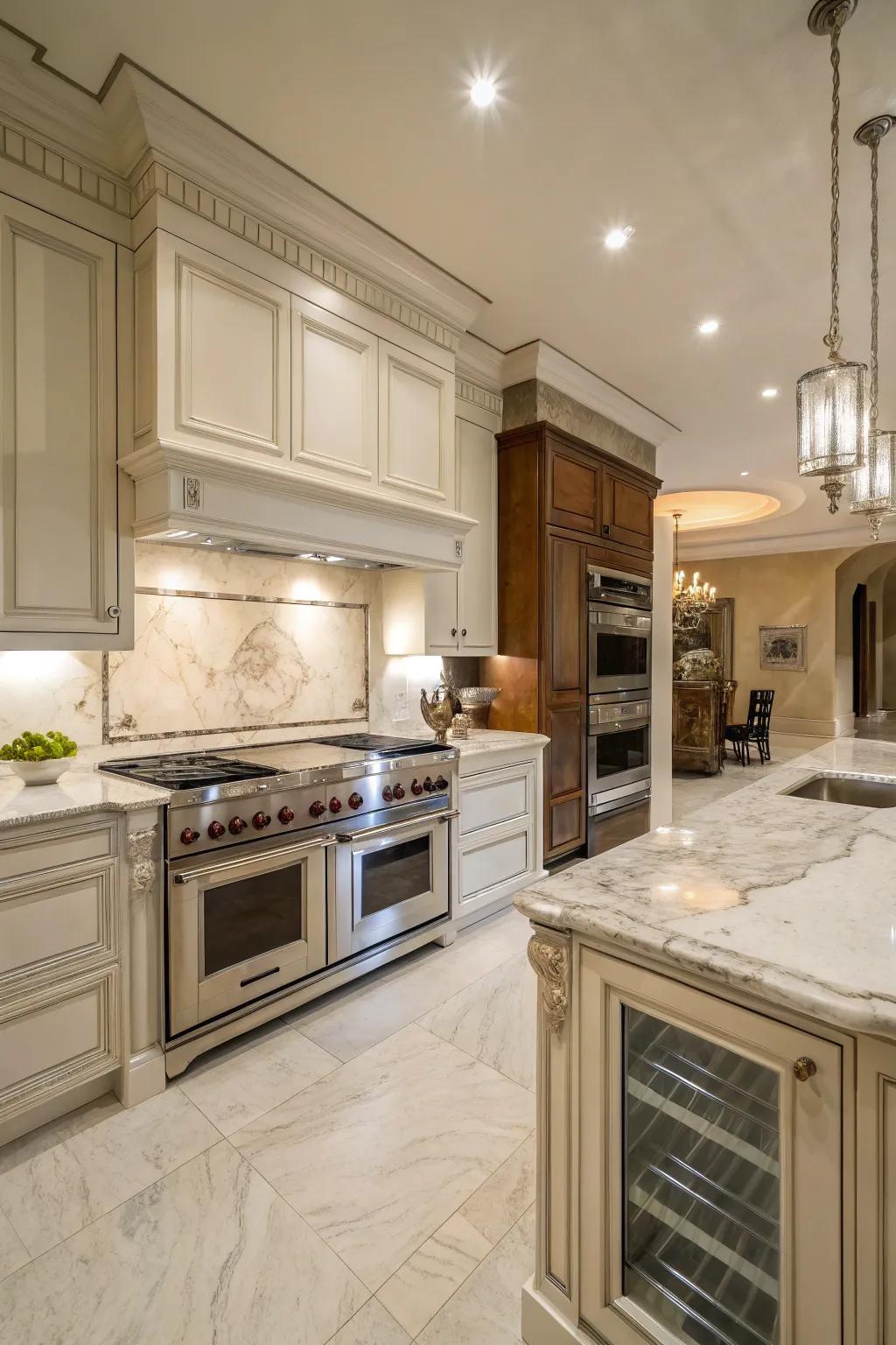 A luxurious kitchen highlights a double oven framed by stone and brass accents.