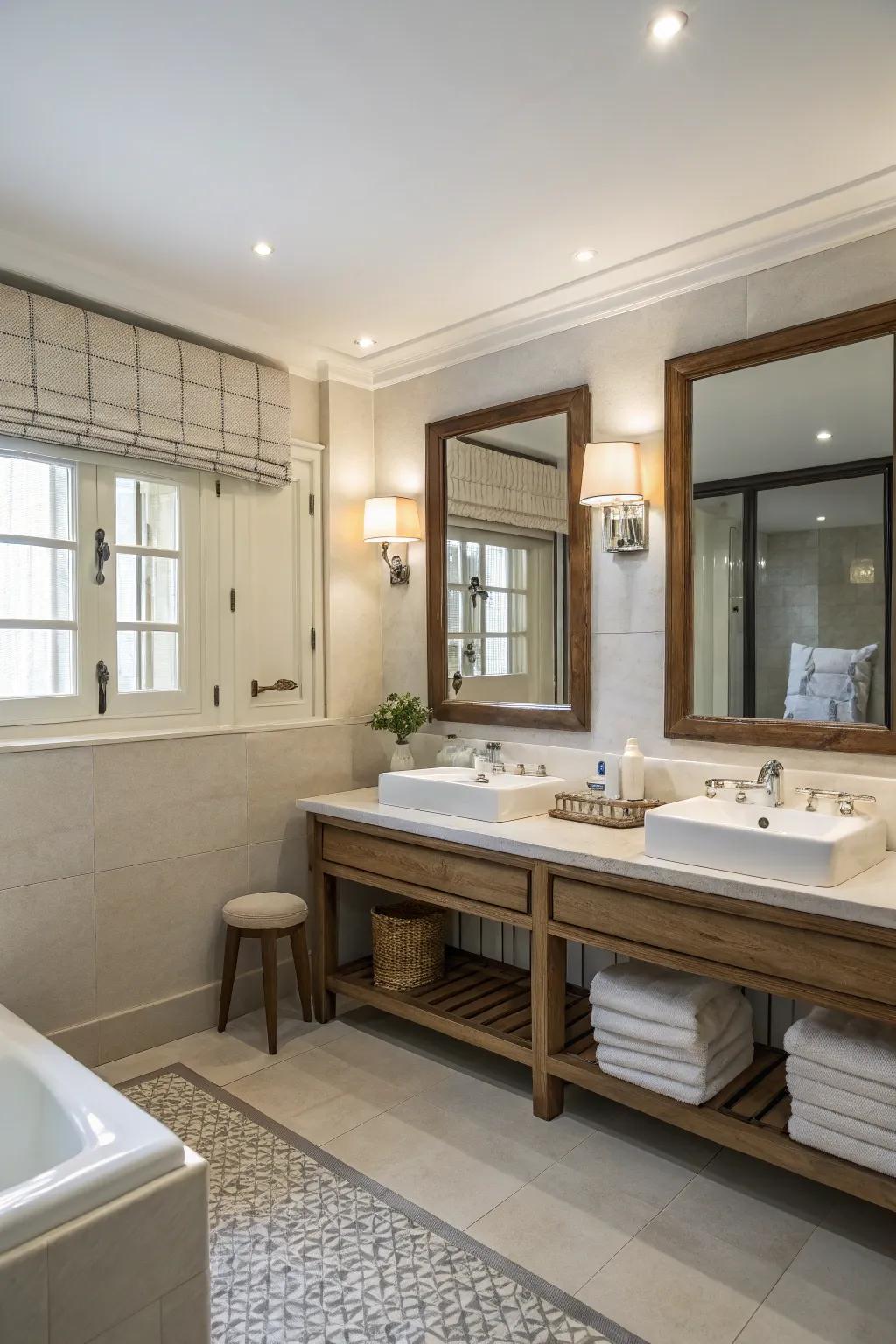 A seating area enhances both comfort and utility in this bathroom featuring double sinks.