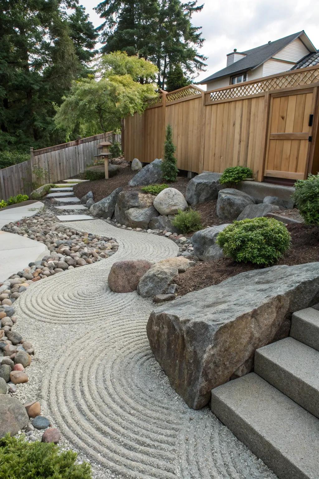 Zen rock gardens deliver tranquility and refinement to sloped scenes.