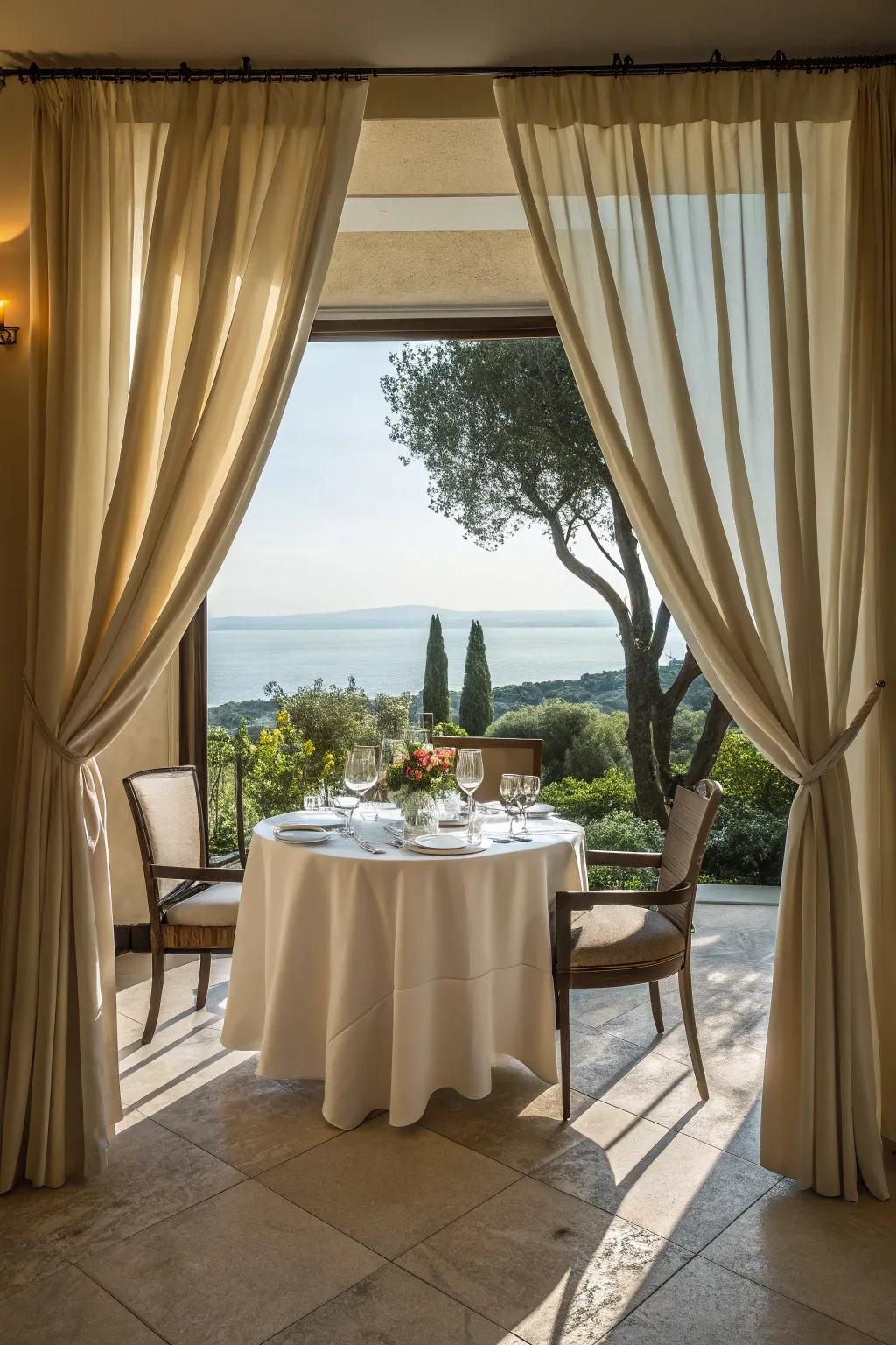 Understated draperies accentuating a breathtaking vista from the dining area.