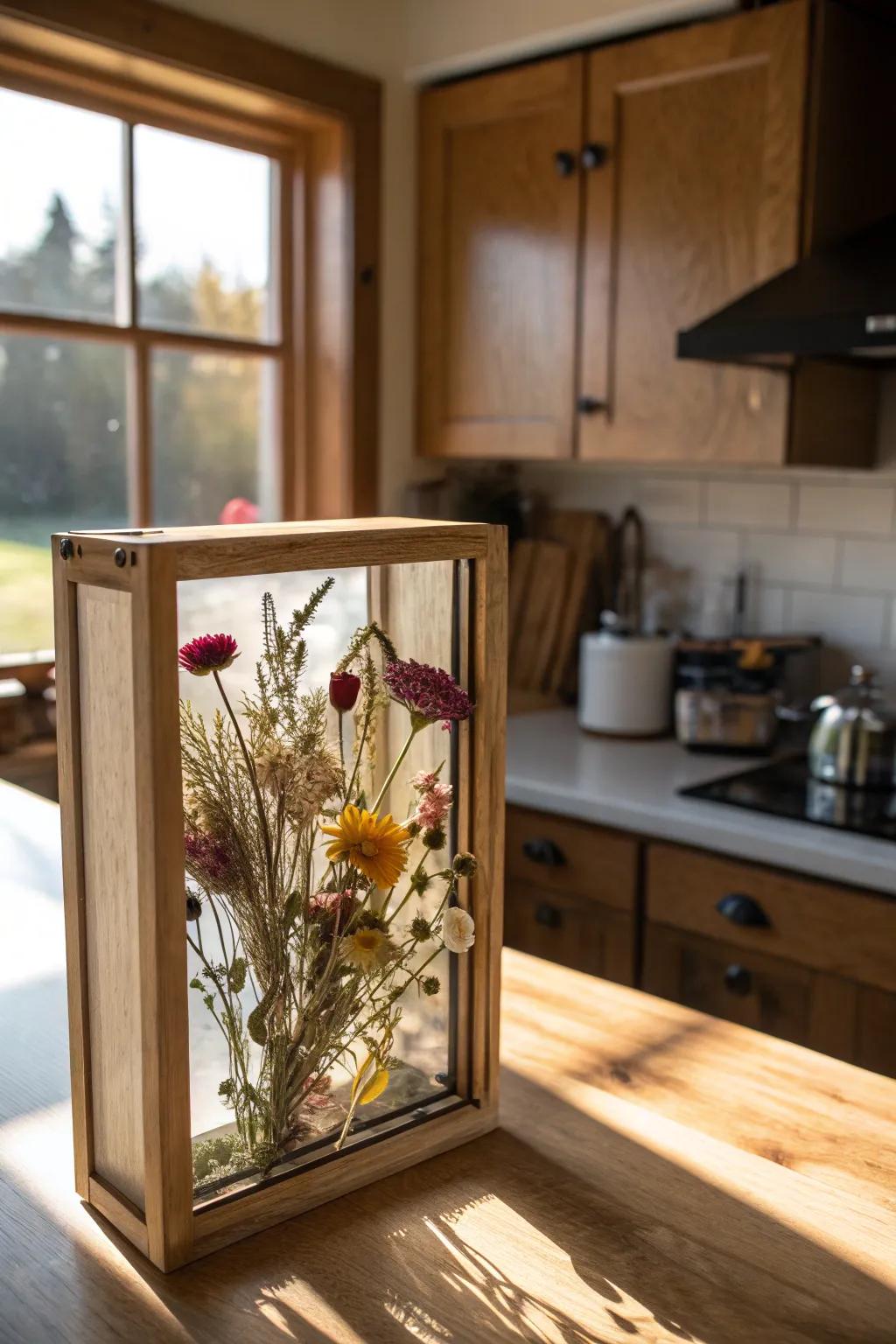 Celebrate your gardening prowess with a display case of garden blooms.