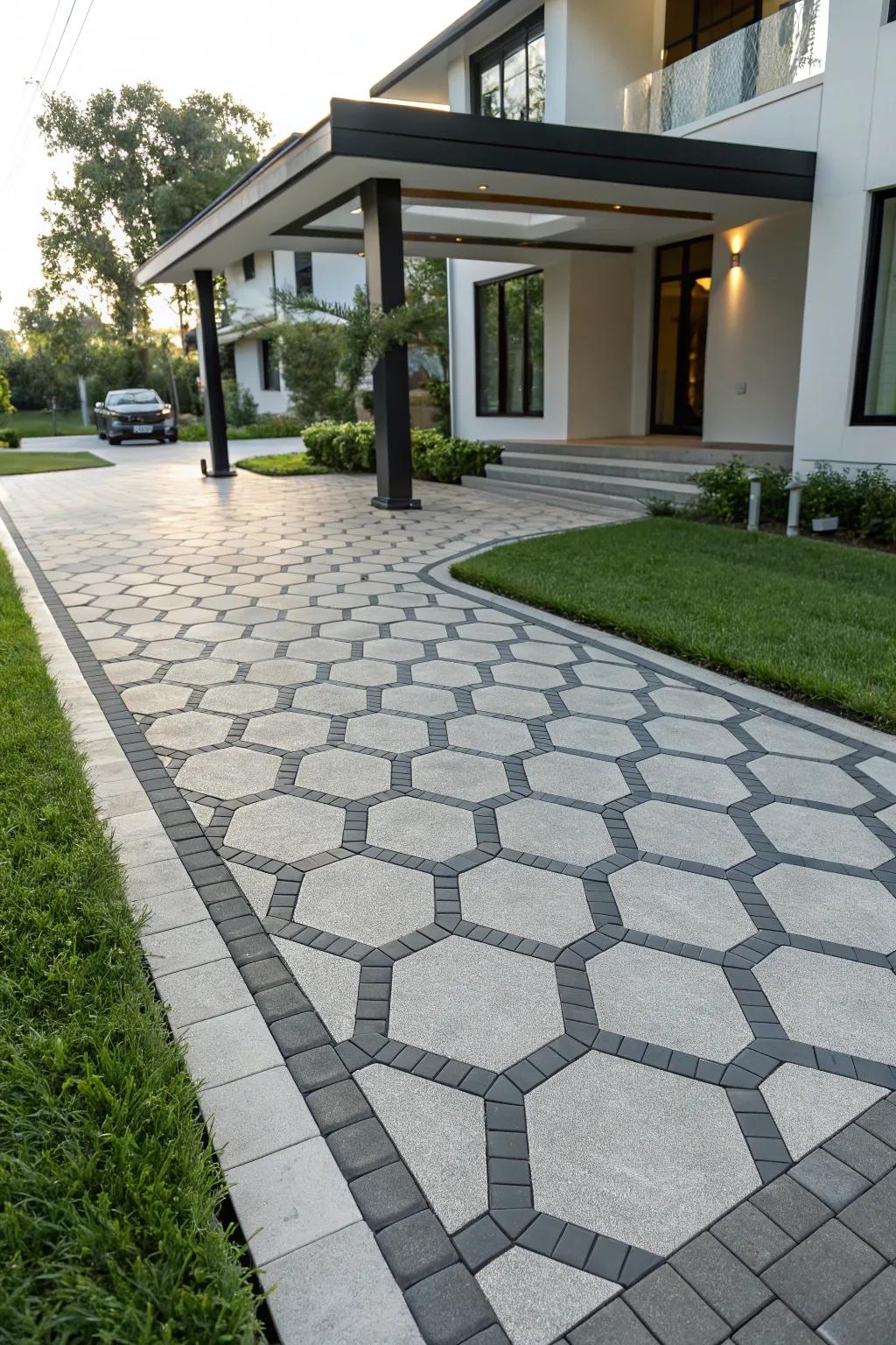 Geometric layouts bring a modern, cutting-edge vibe to driveway designs.