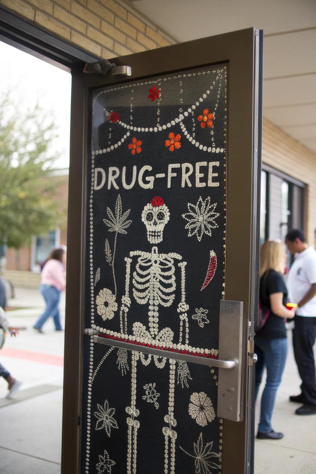 A skeleton-themed door with a serious substance-free message.