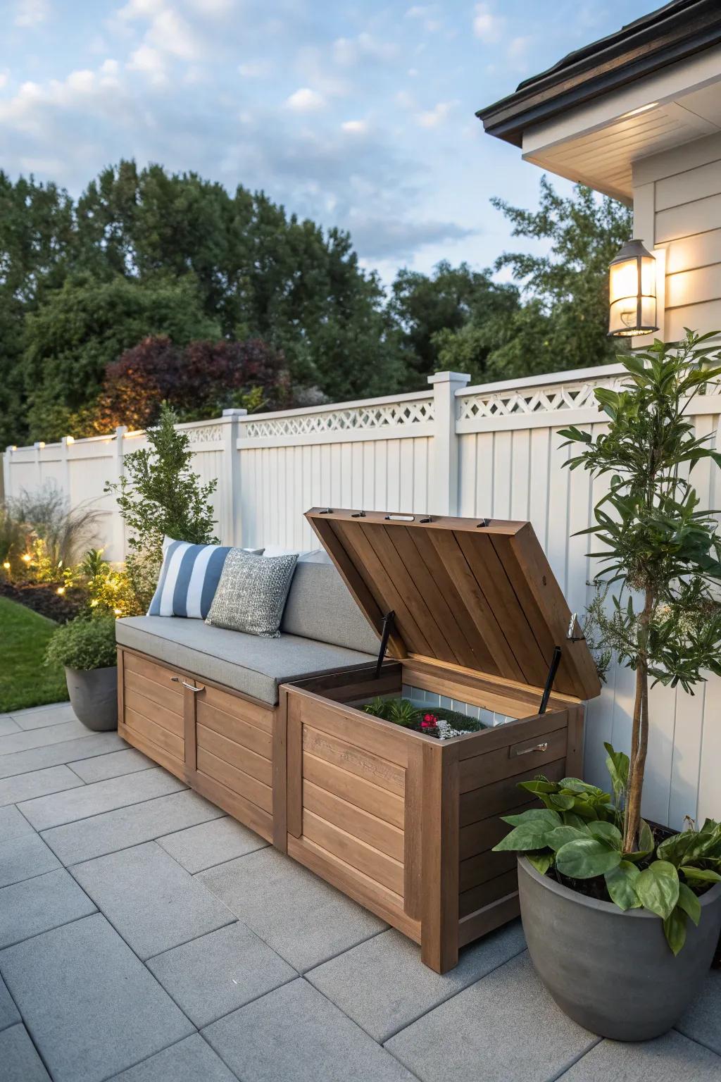 A seat with concealed storage offers a clever space-saving solution.