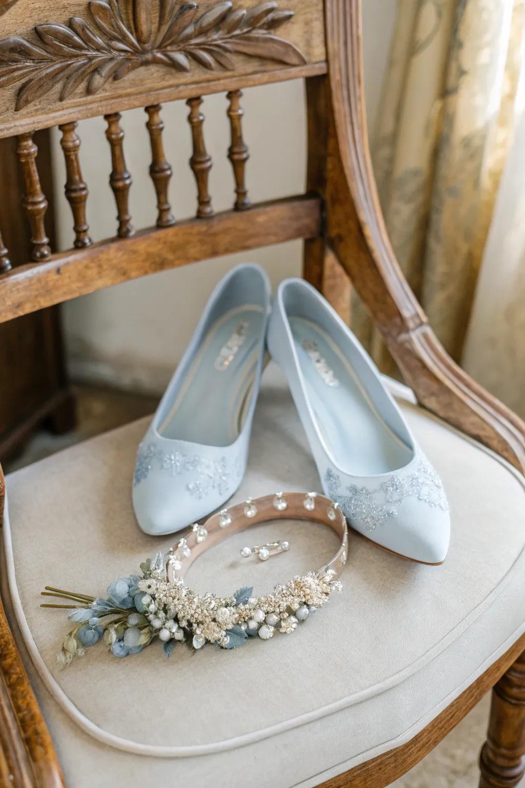 Charming bridal adornments in misty blue that infuse a personal feature into the wedding attire.