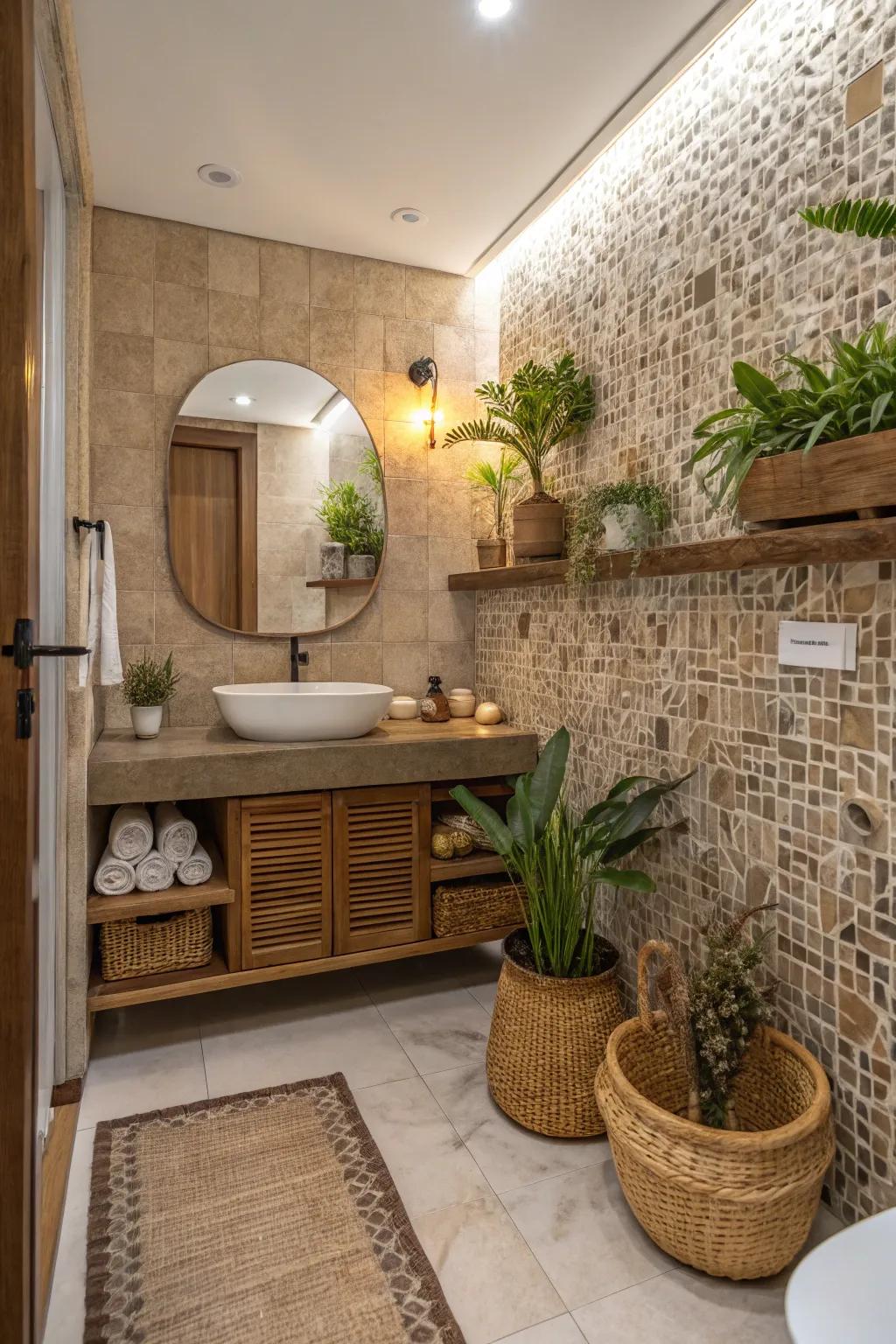 Terrestrial patterned tiles create a striking natural focal point in the bathroom.