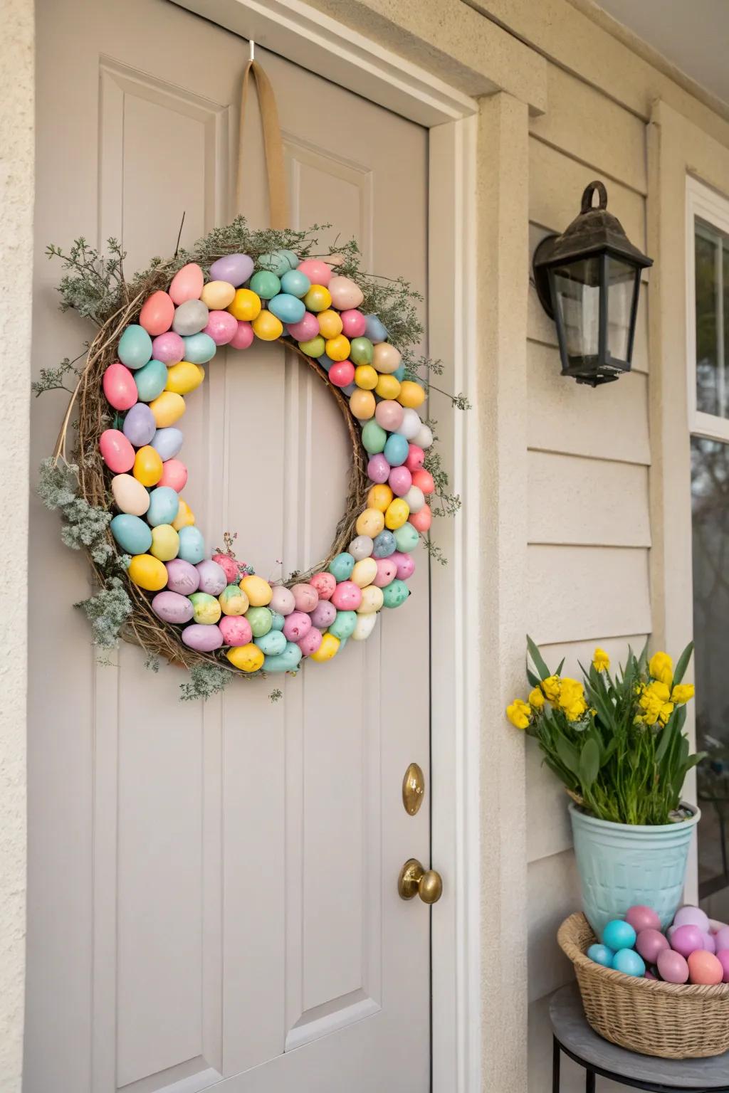 A radiant egg garland conveys joyful Easter enthusiasm to your door.