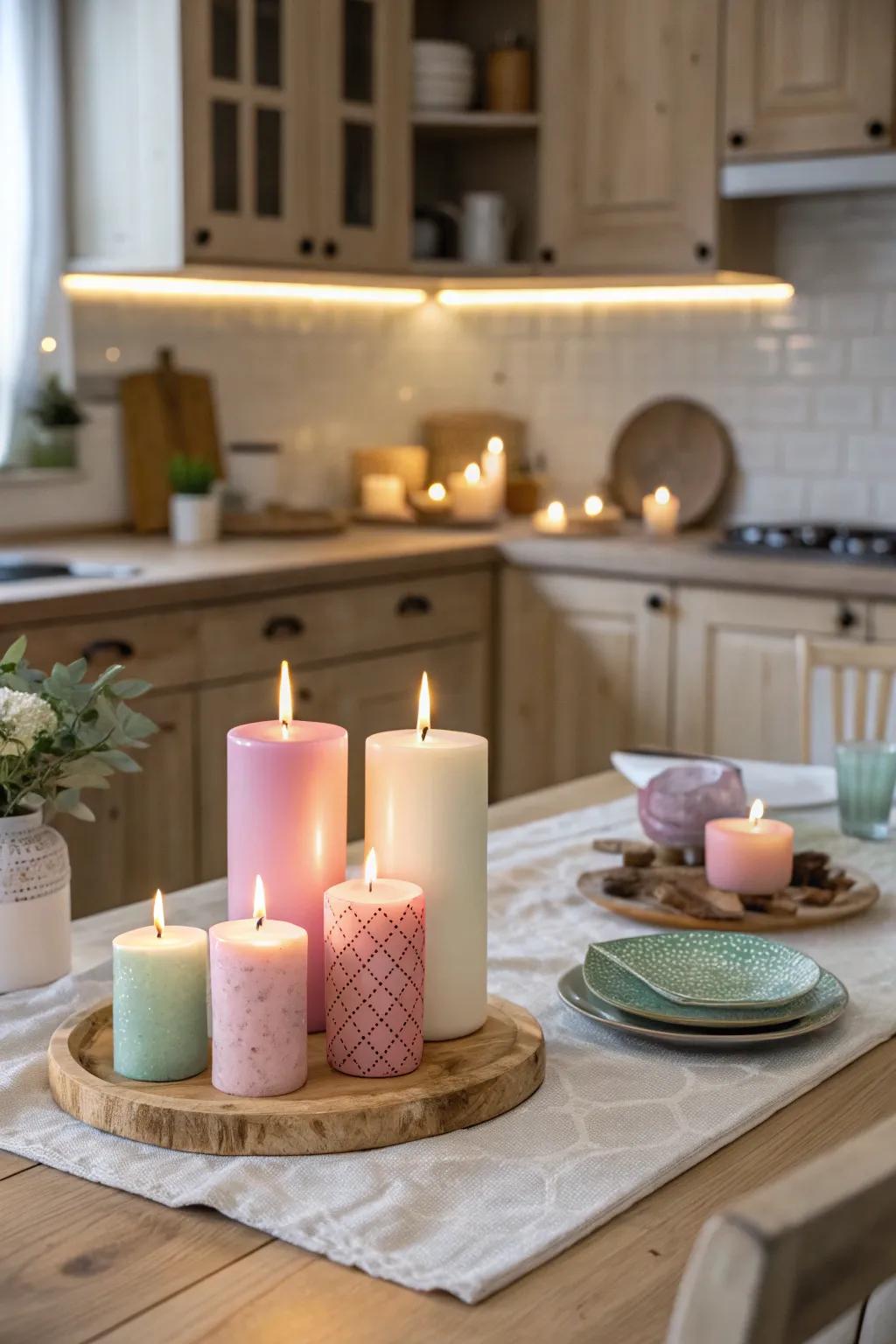 Soft tone wicks foster a warm and inviting ambiance within the kitchen.