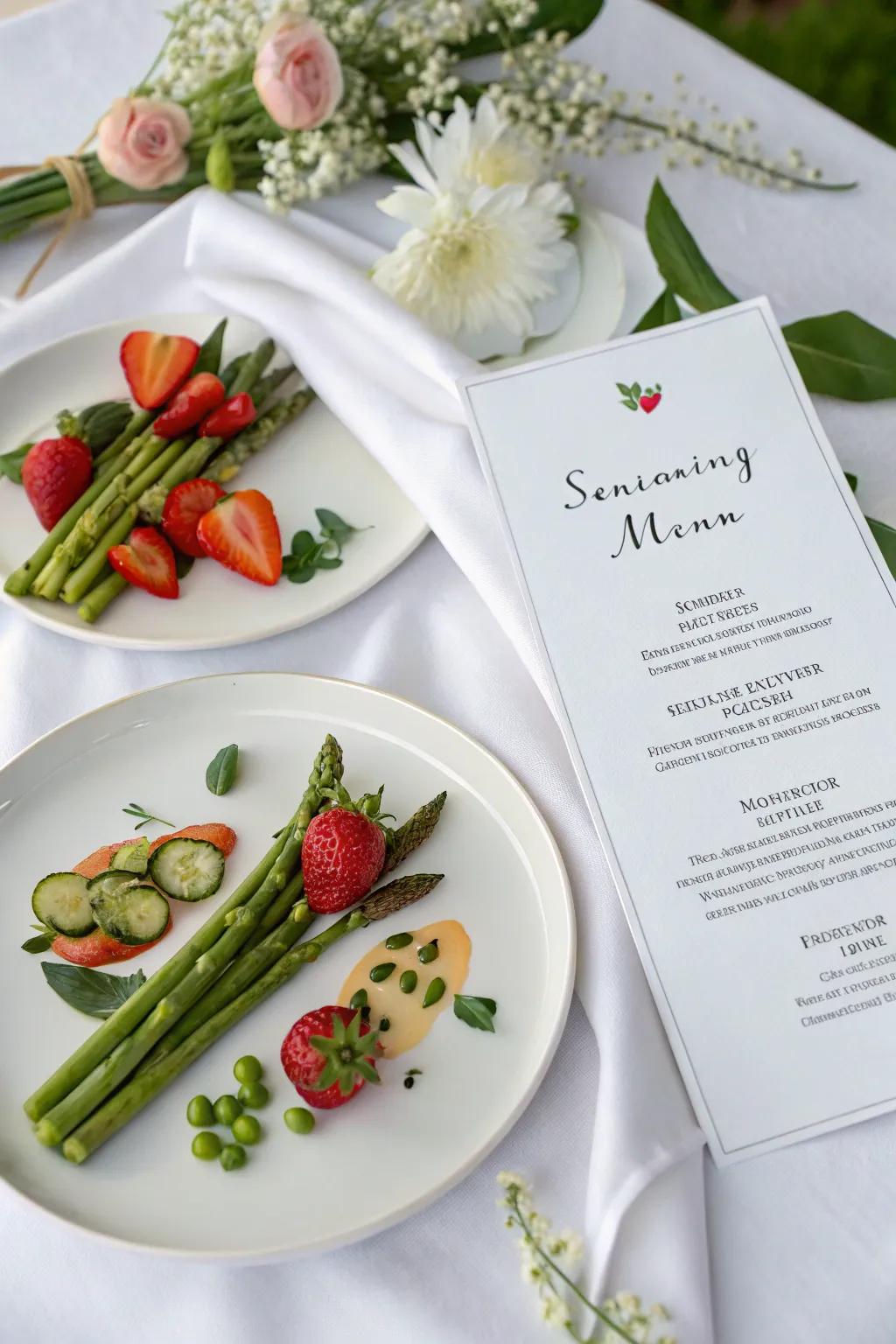 A wedding cuisine selection featuring seasonal spring dishes with sophisticated presentation.