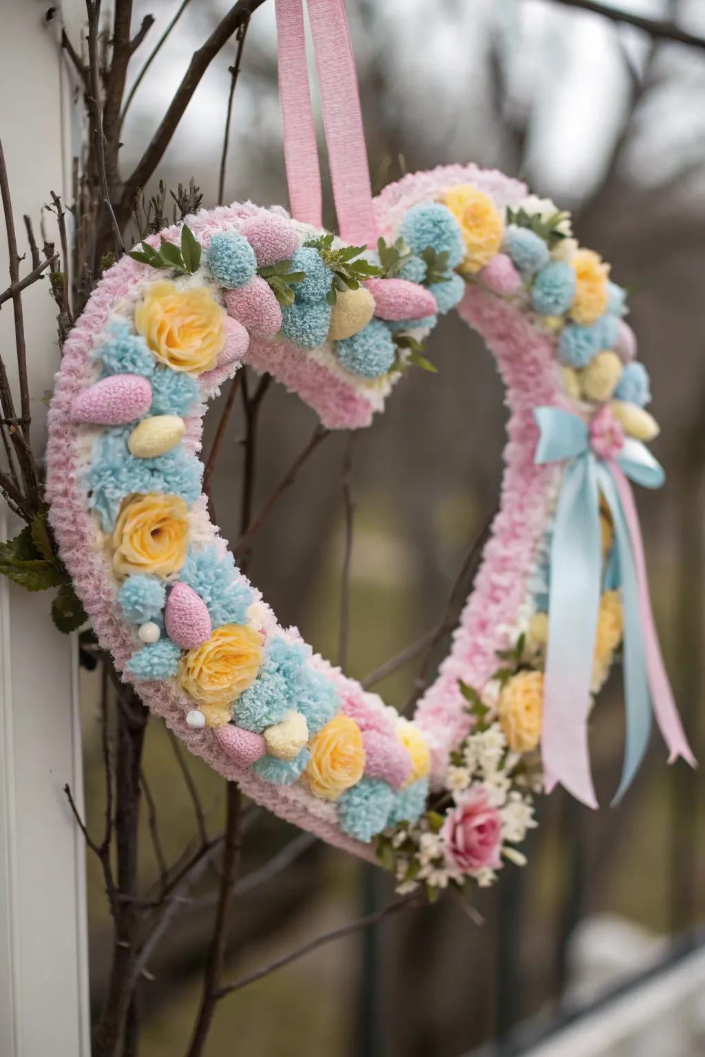 A unique Easter wreath presenting a braided mat heart design, contributing texture and charm.