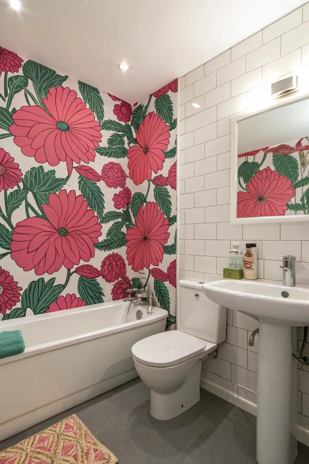 A washroom showcasing vibrant floral wallpaper for added flair.
