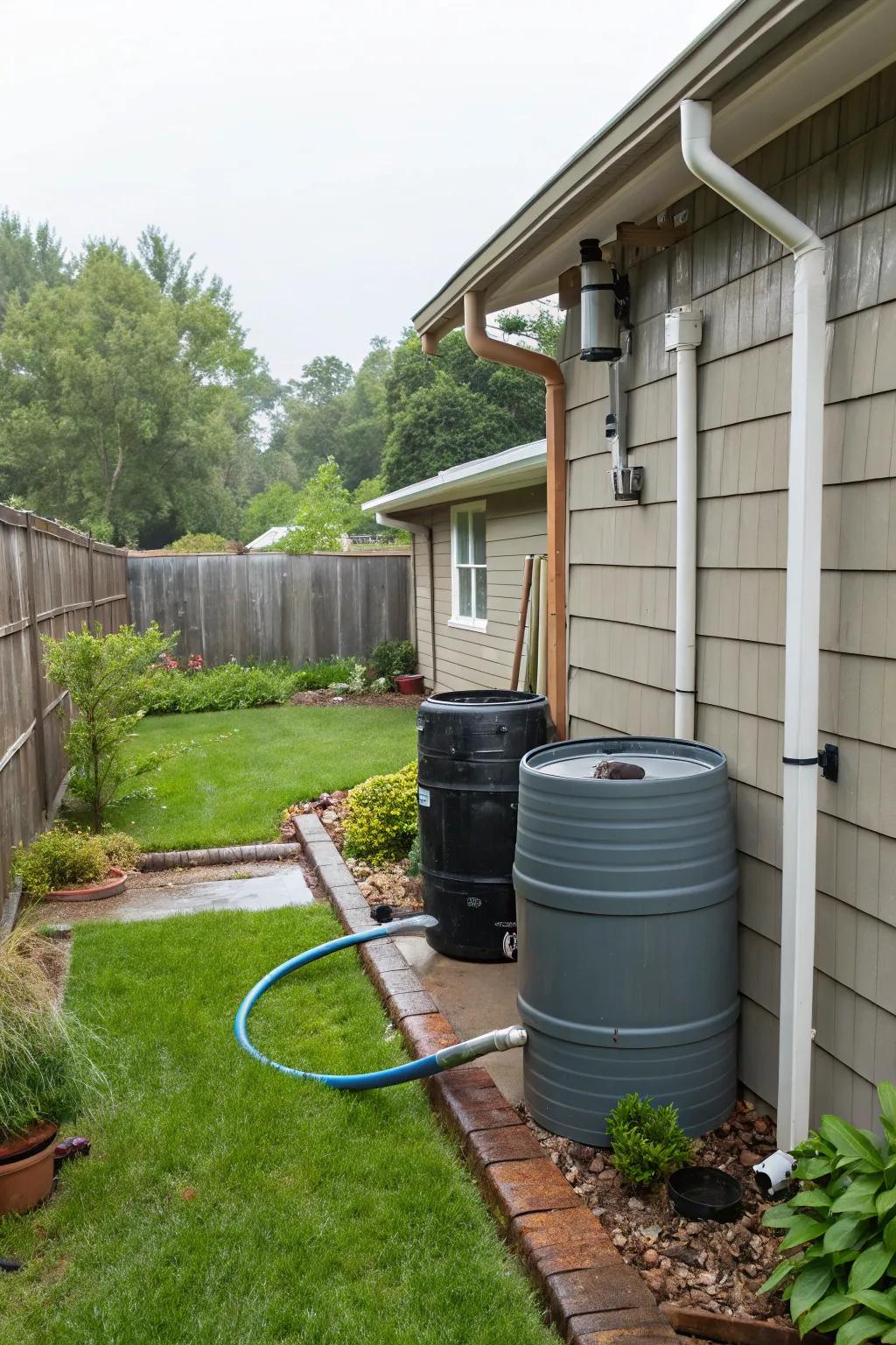 A garden featuring a functional rainwater harvesting system with visible rain barrels.