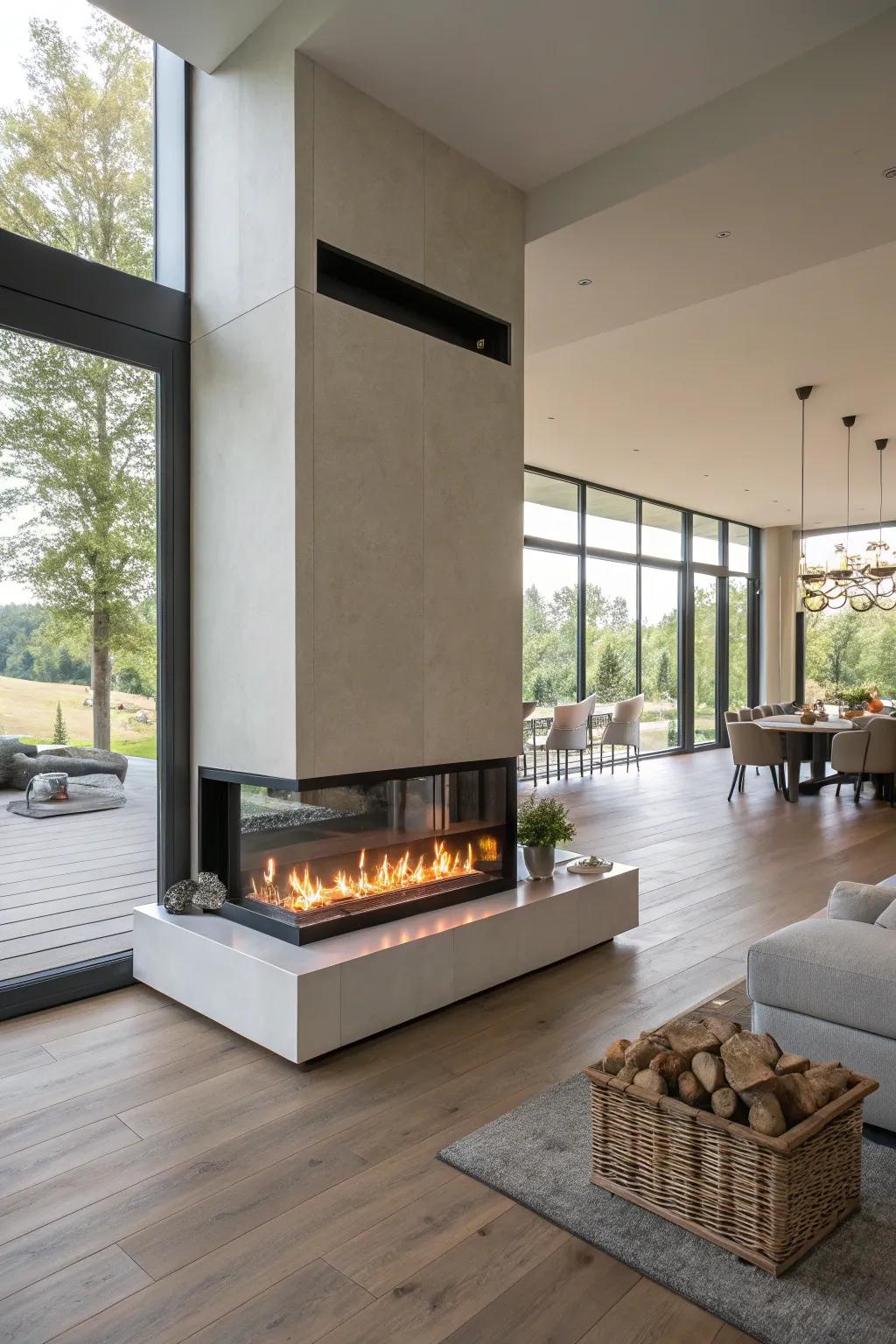 An electric fireplace serves as a room divider in a spacious open-plan living area.