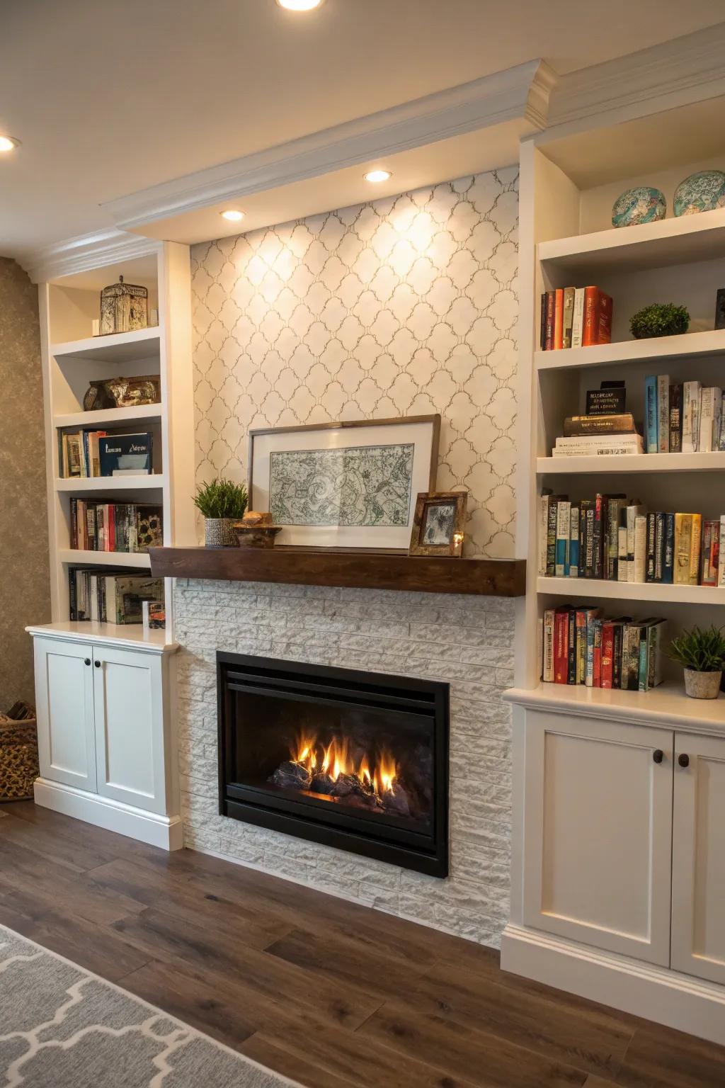 Hanging ledges complement an electric fireplace with style and function.