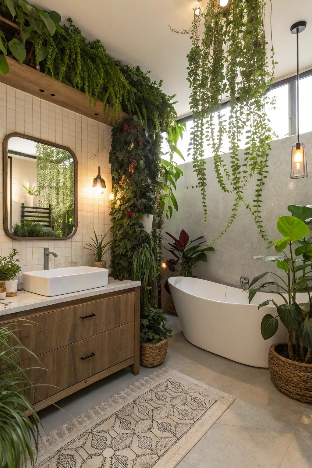 Greenery injects warmth and nature into this elegant bathroom.