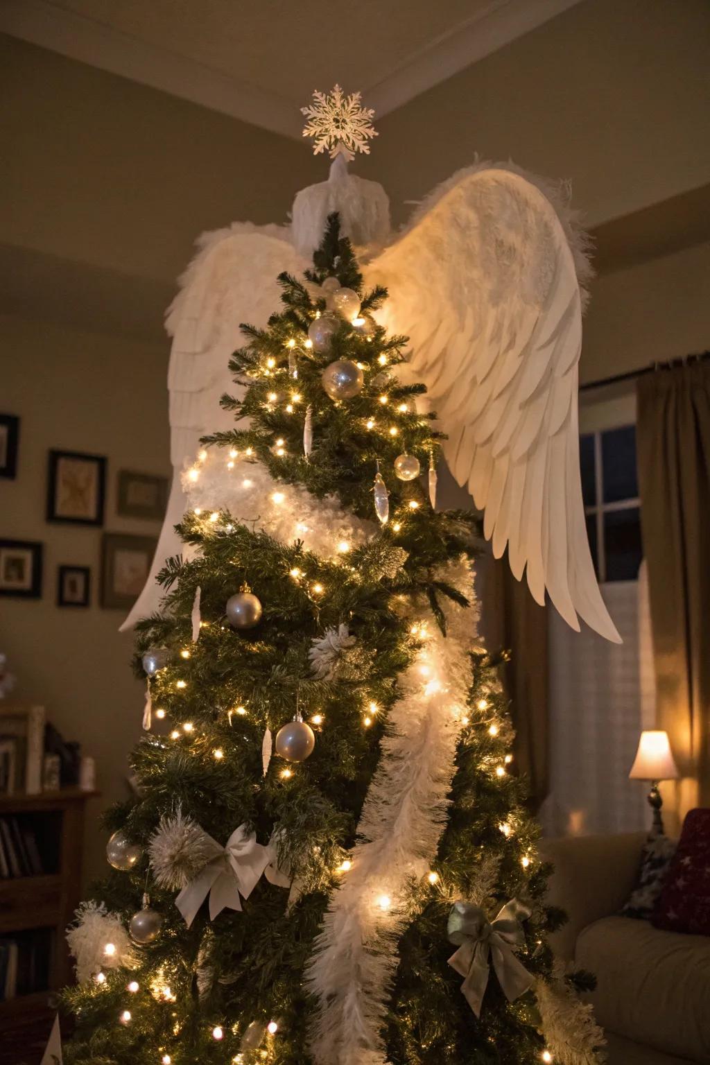 Angel wings bring an ethereal charm to the tree.