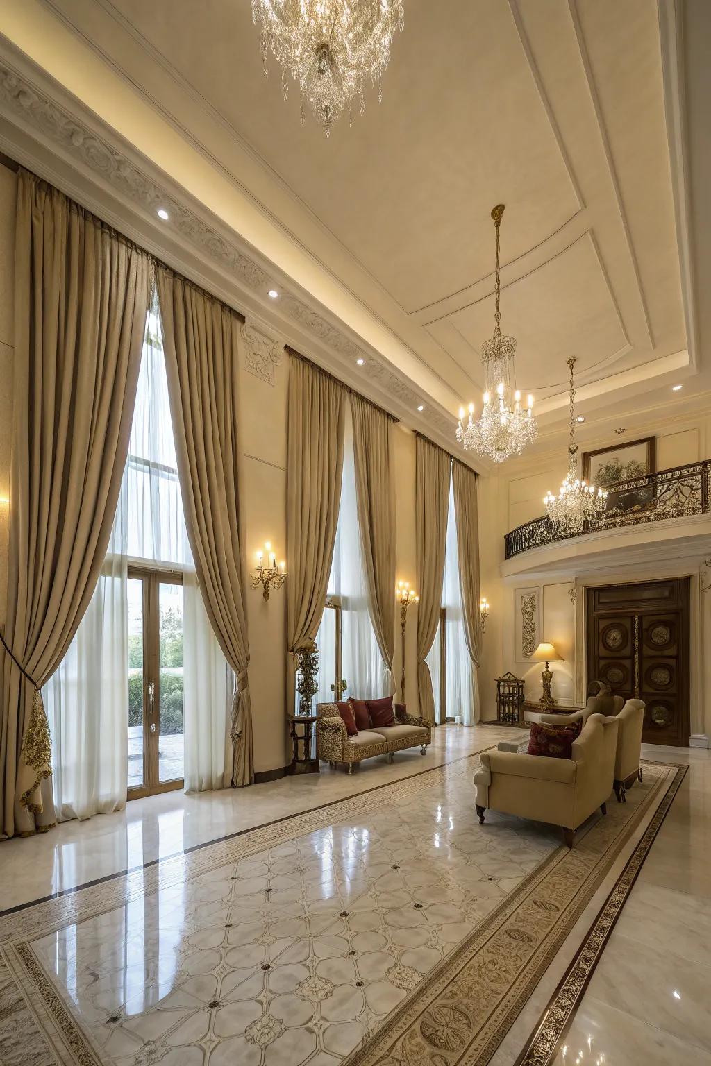 Floor to ceiling curtains create a striking and majestic impact.