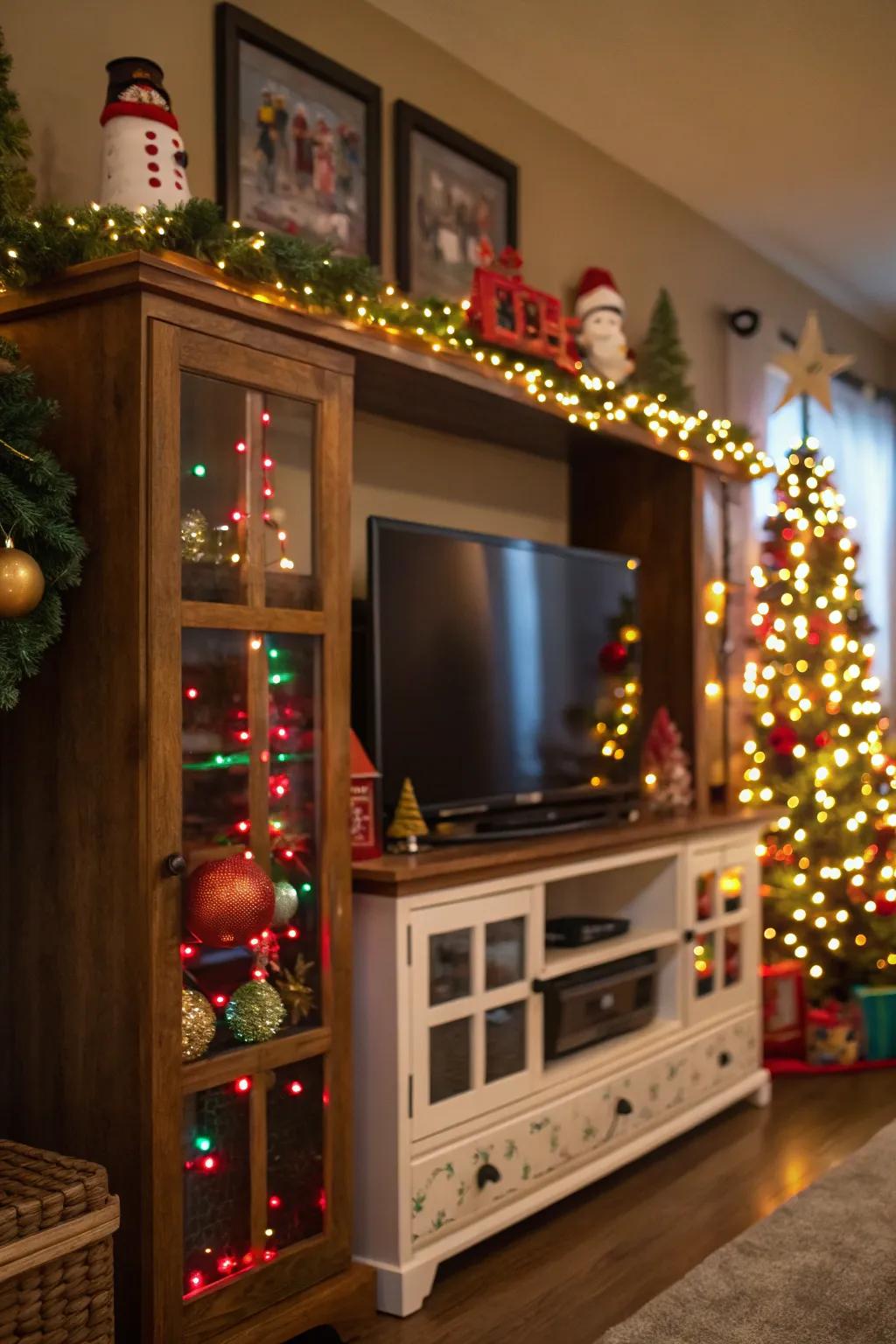 Seasonal decor adds a festive touch to this entertainment center.