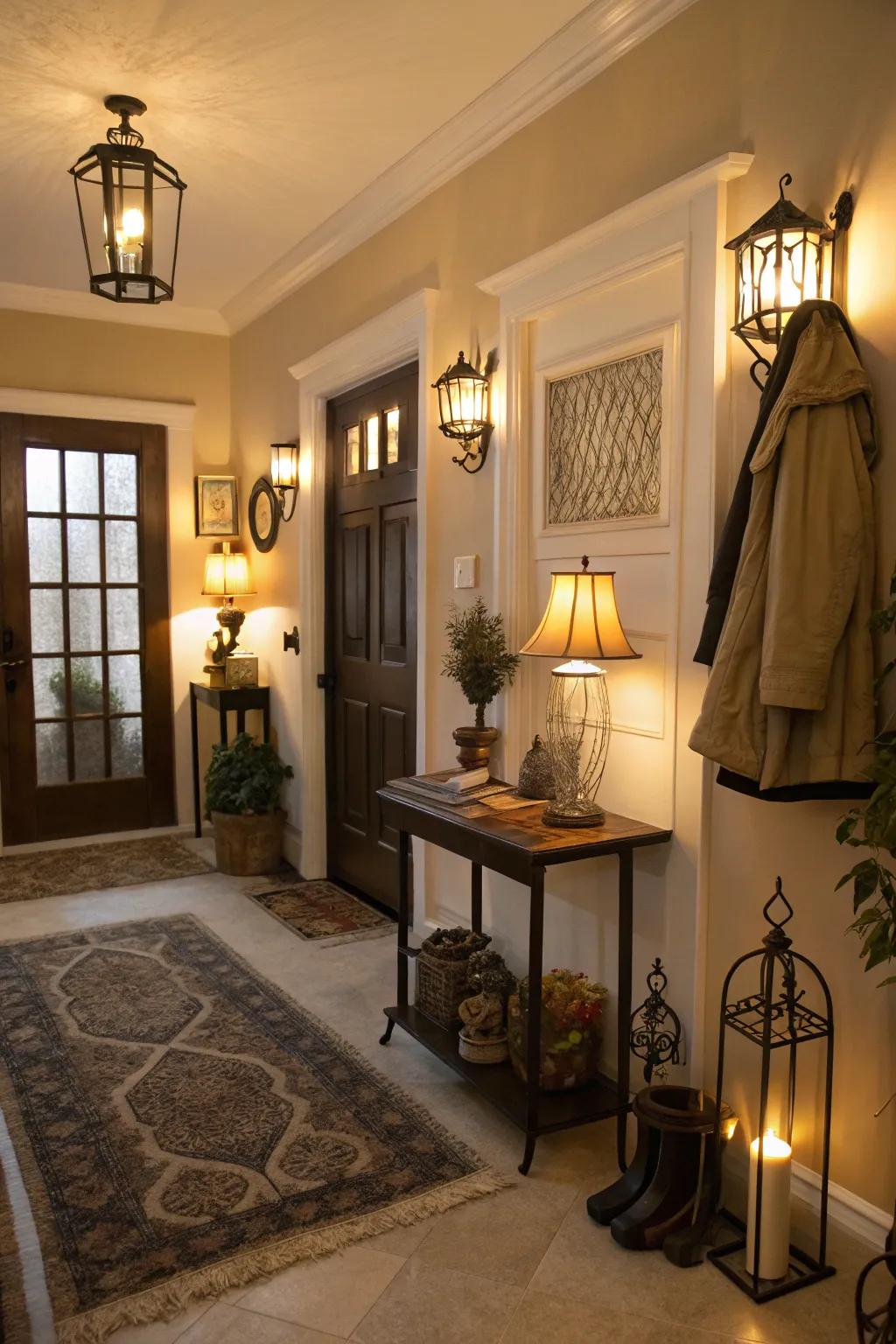 Warm lighting makes this entrance feel inviting and cozy.
