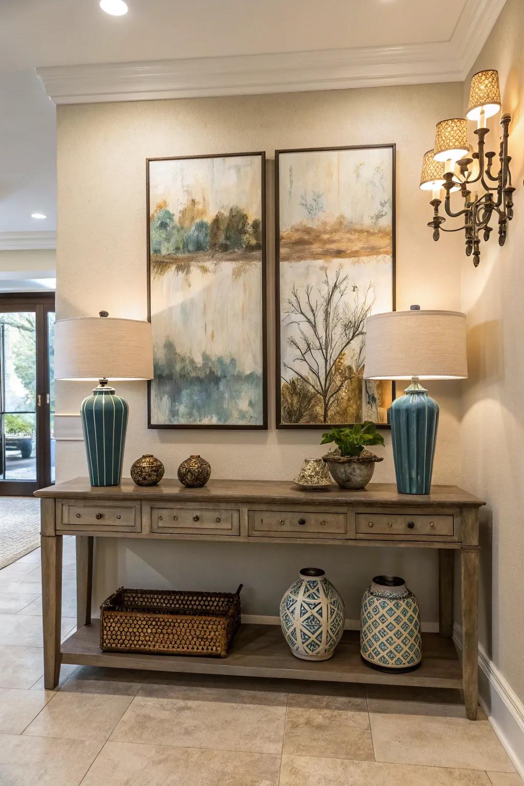 Art provides a visually dramatic focus for any entryway.