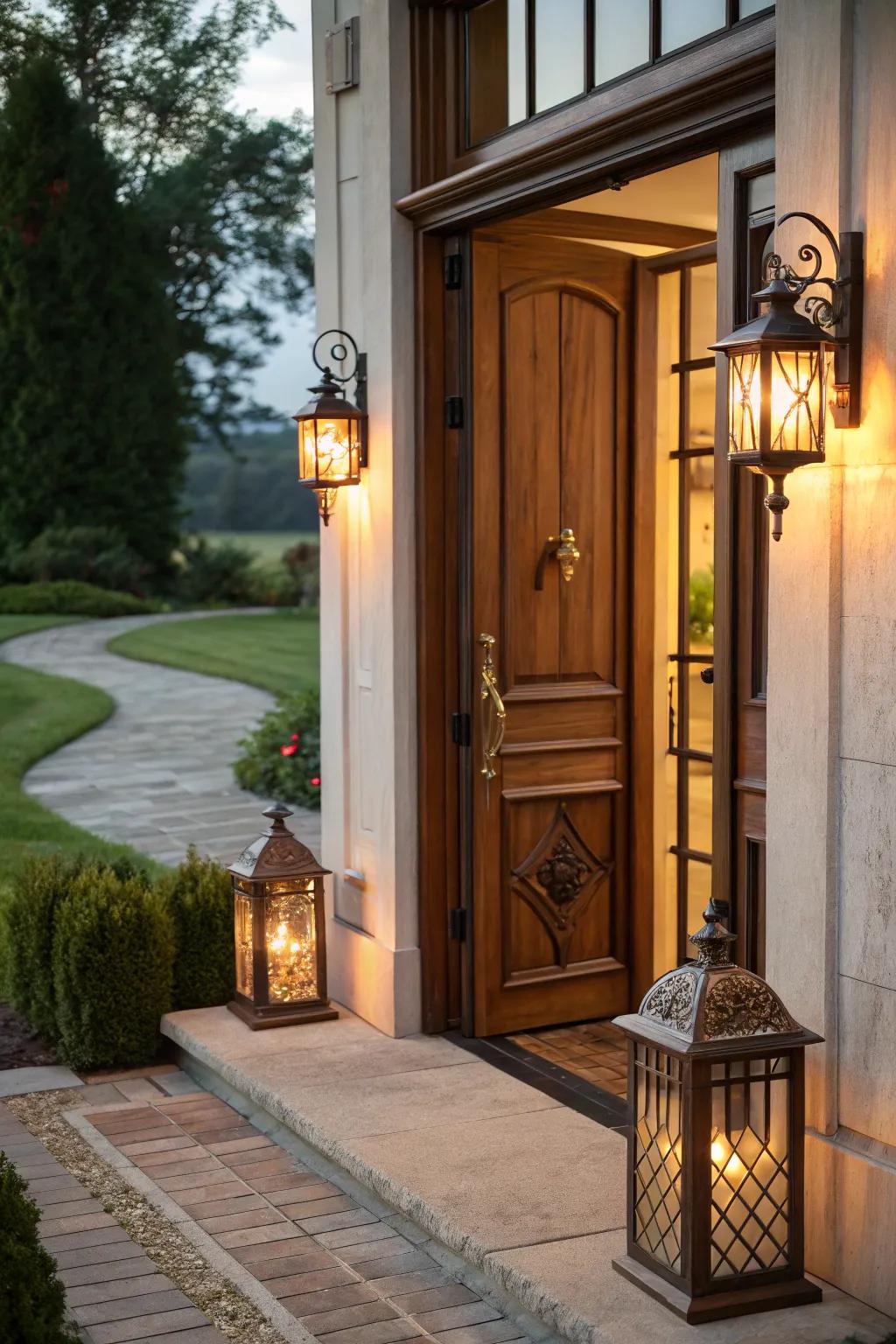 Fancy lighting improves the warmth of the entranceway.