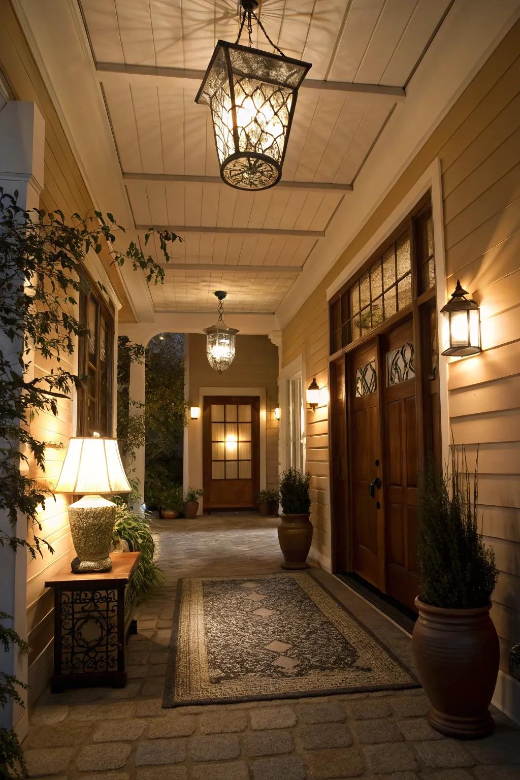 Layered illumination appends both usefulness and panache to this doorway.