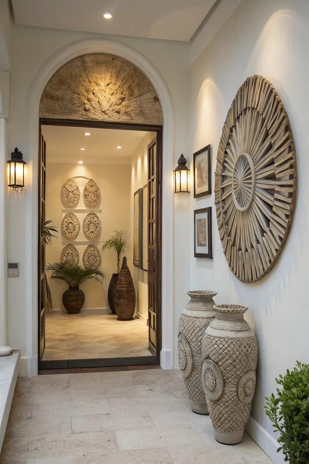 Three-dimensional wall art injects dimension and refinement to entryways.
