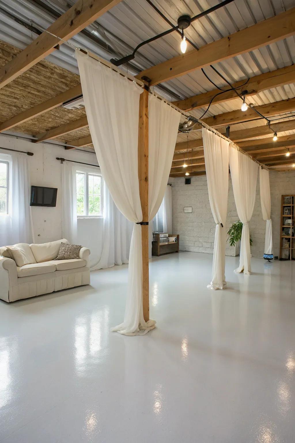 Clean white epoxy planes foster a serene setting.
