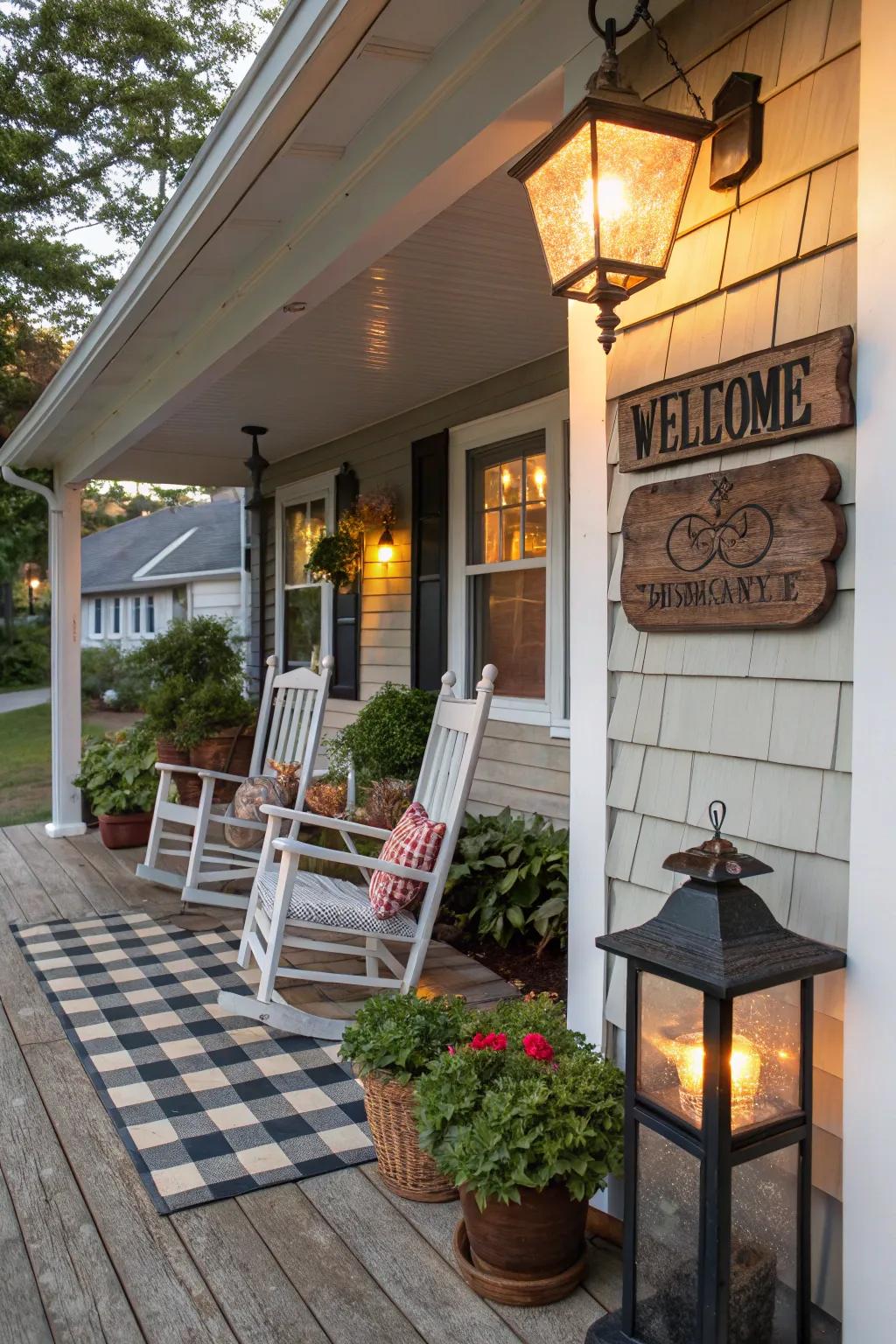 A personalized marker on the veranda encourages leisure and delight.