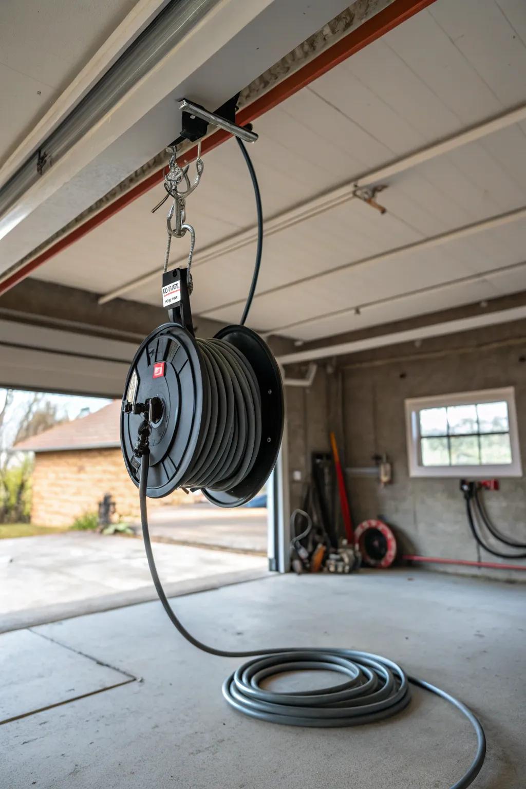 A rolling reel keeps cords prepared for use without clutter.