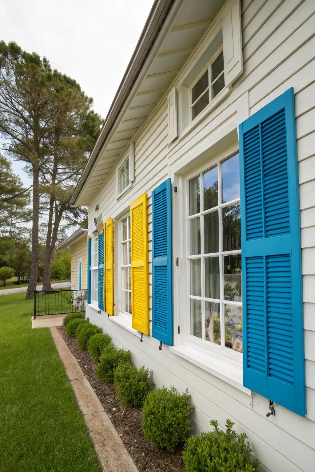 A house showcasing updated windows and vibrant shutters.