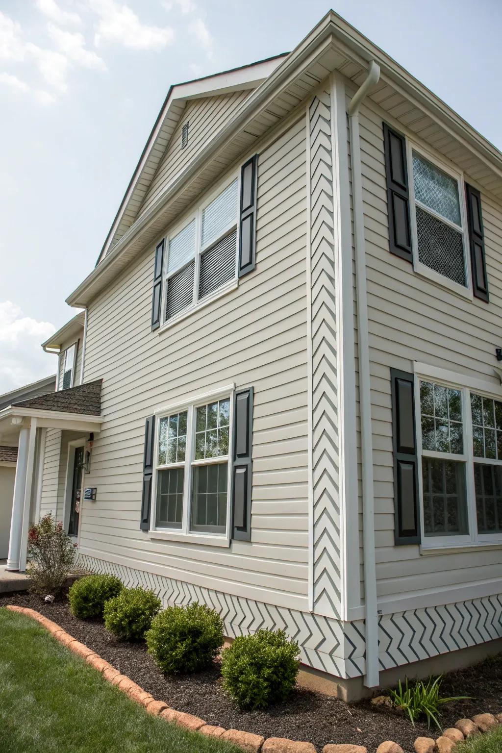 Patterned frames add a unique texture to window exteriors.