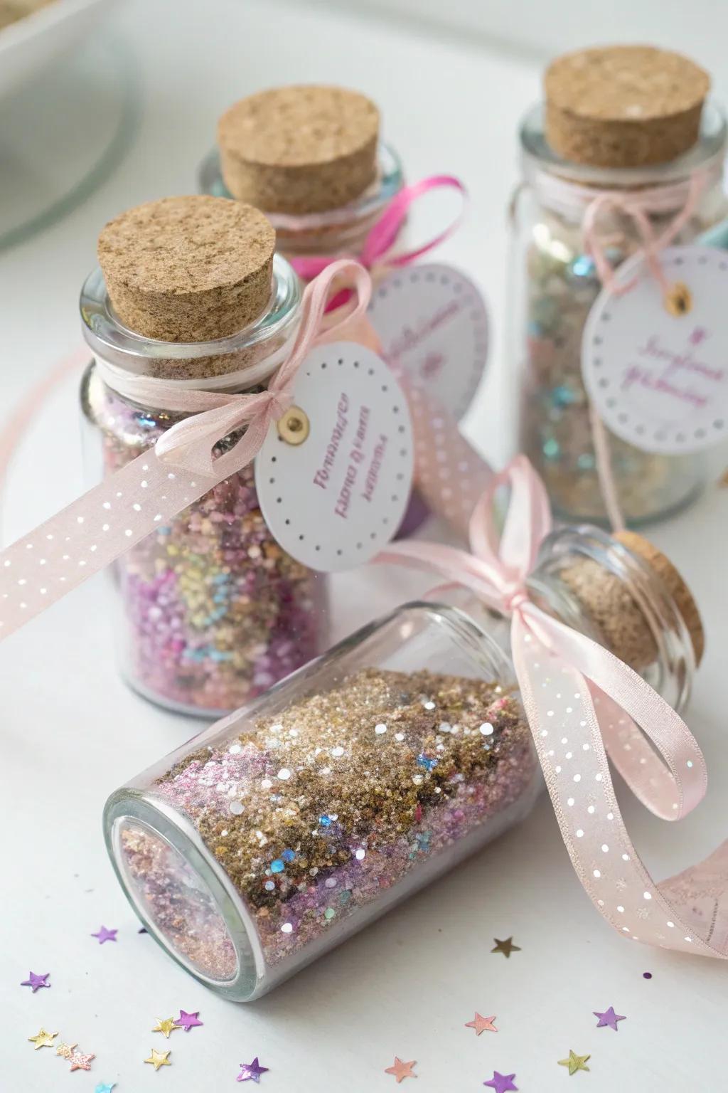 Charming fairy dust jars as take-home gifts.