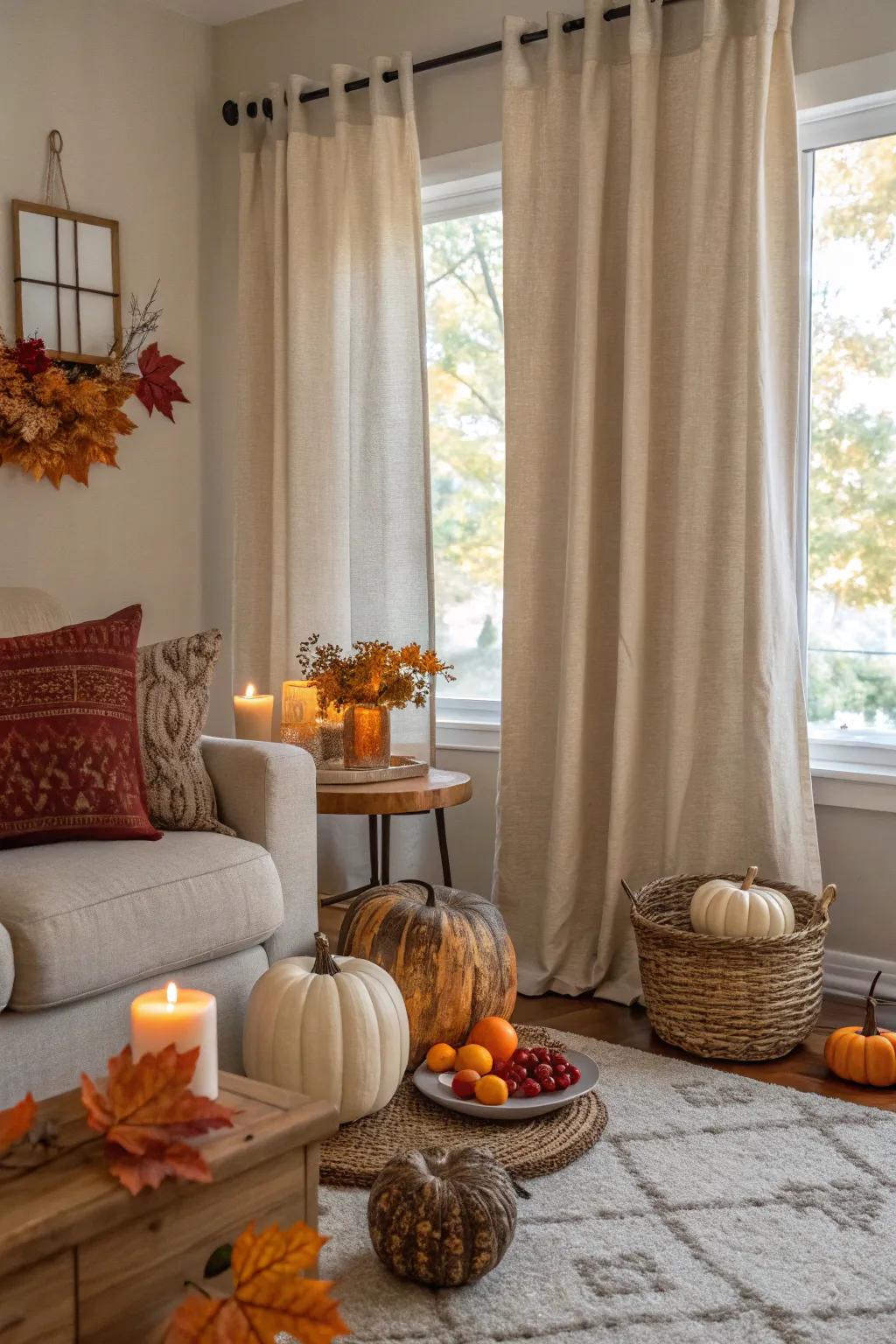 Muted-toned curtains incorporate elegance to autumn-themed design.
