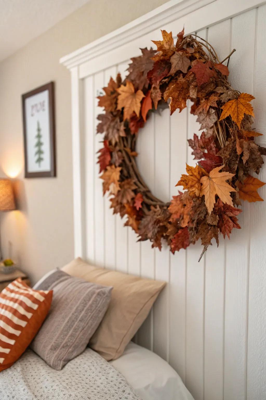 An autumnal garland imparts an outdoor accent to your bedroom.