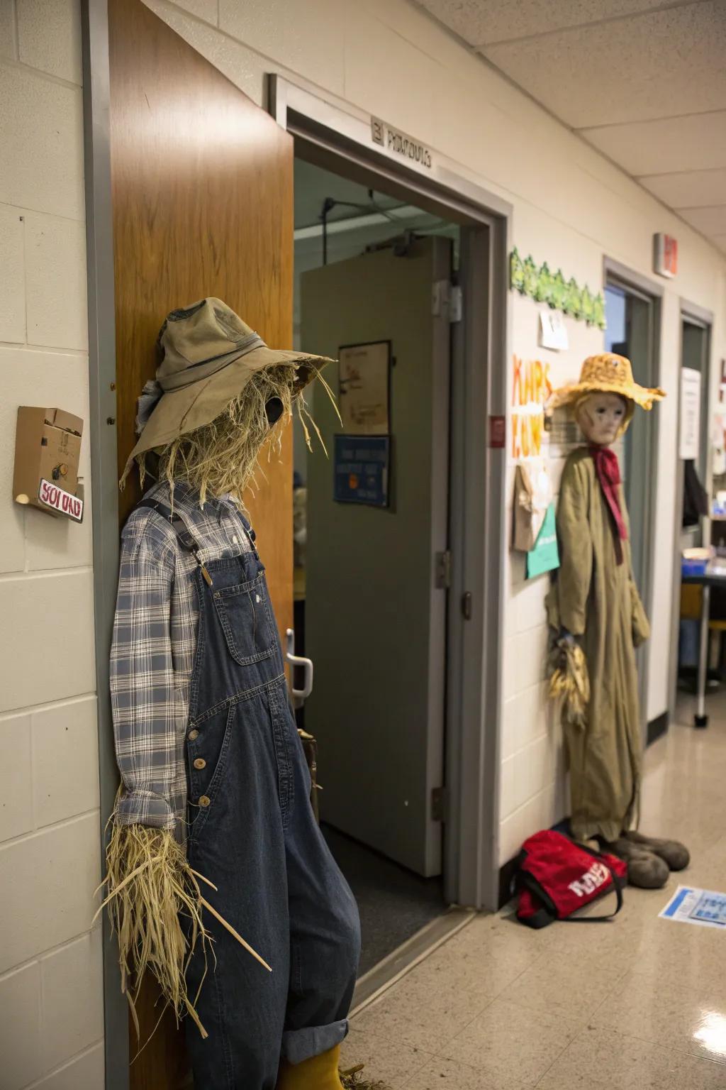 Scarecrow entrance decor featuring rustic charm.