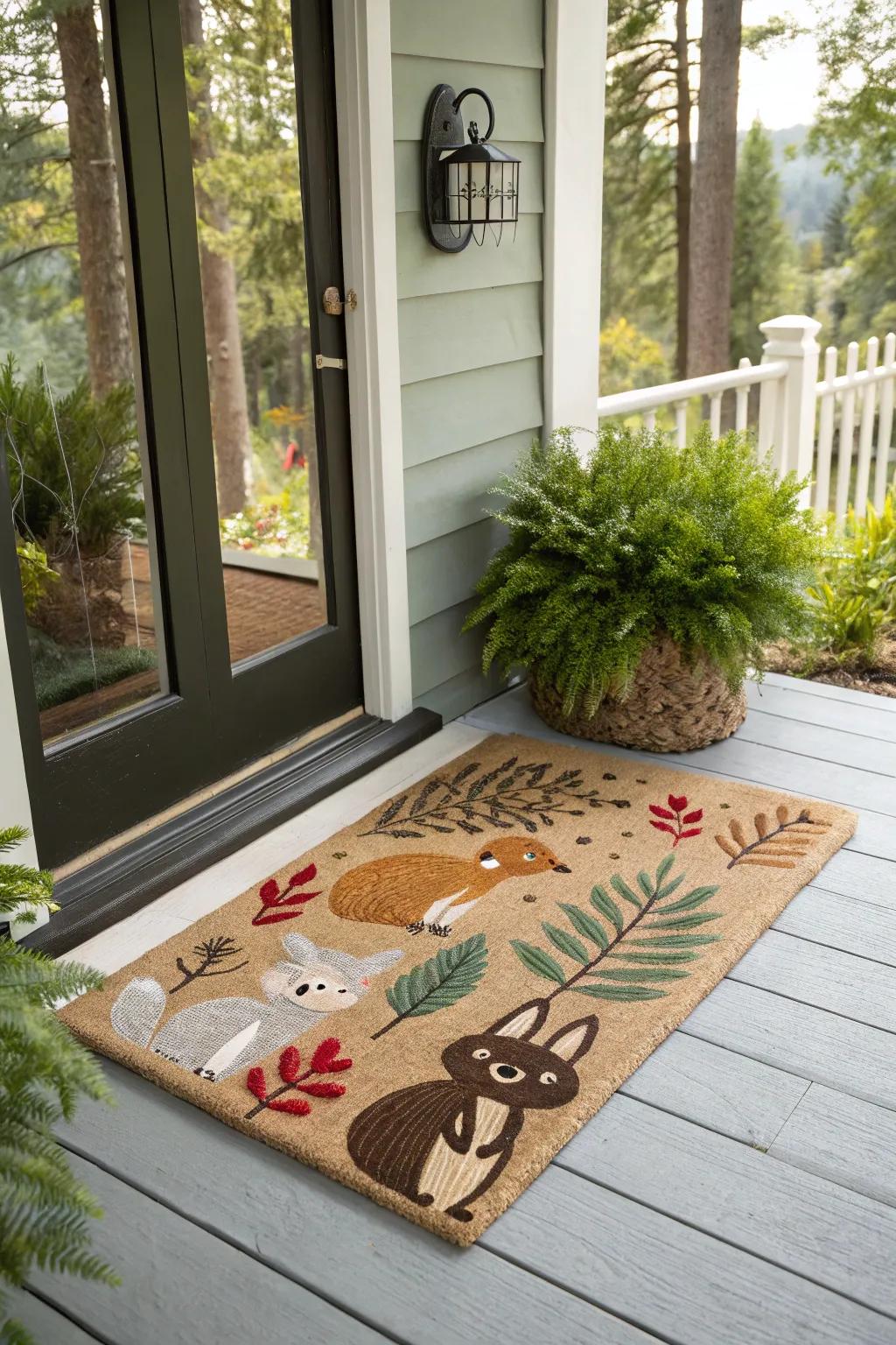 A whimsical doormat featuring charming woodland animals.