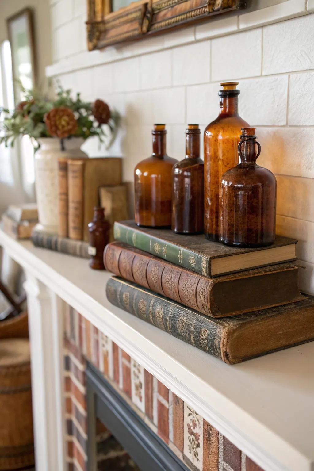 A fall mantel featuring classic novels and amber decanters.